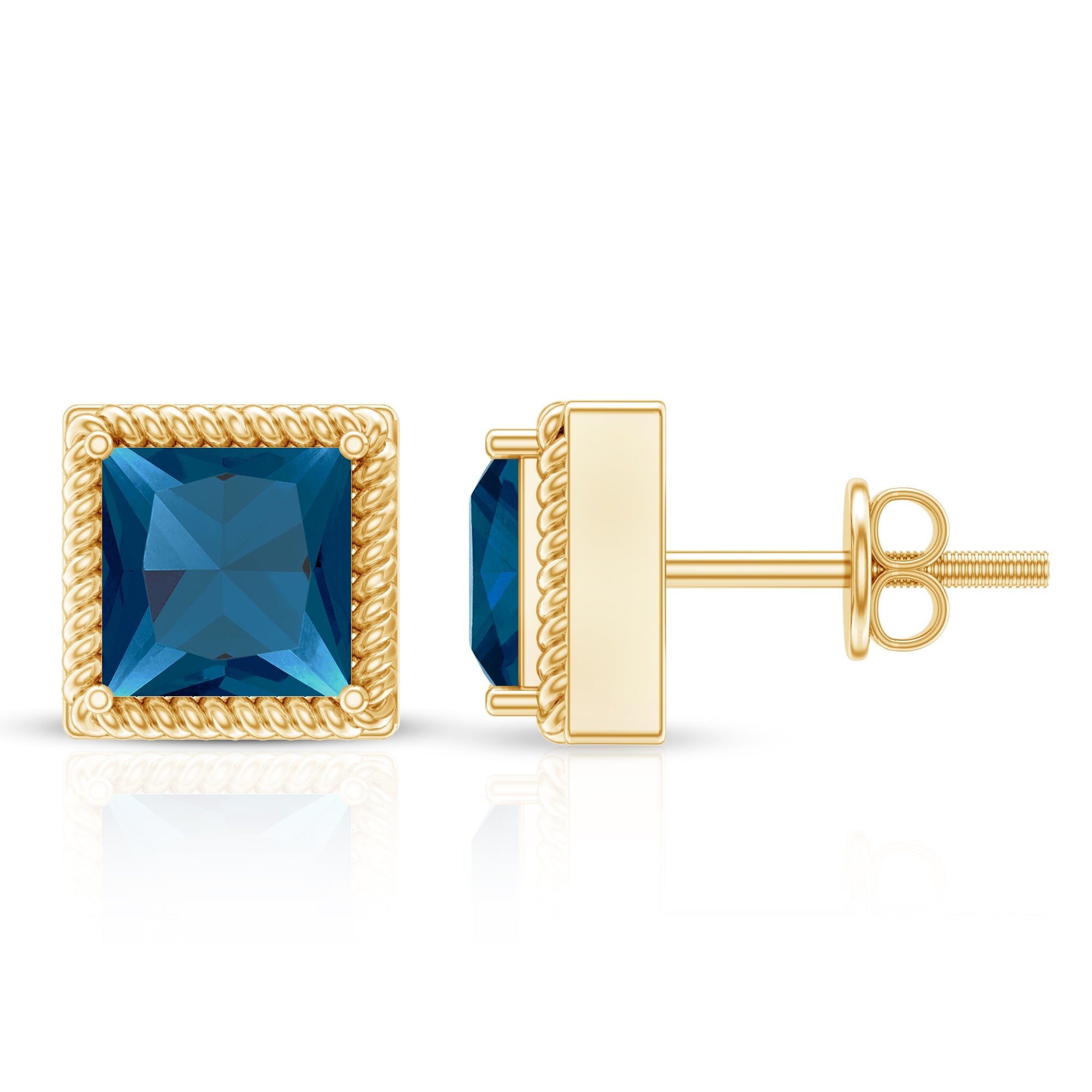 2 Carat Princess Cut London Blue Topaz Stud Earrings