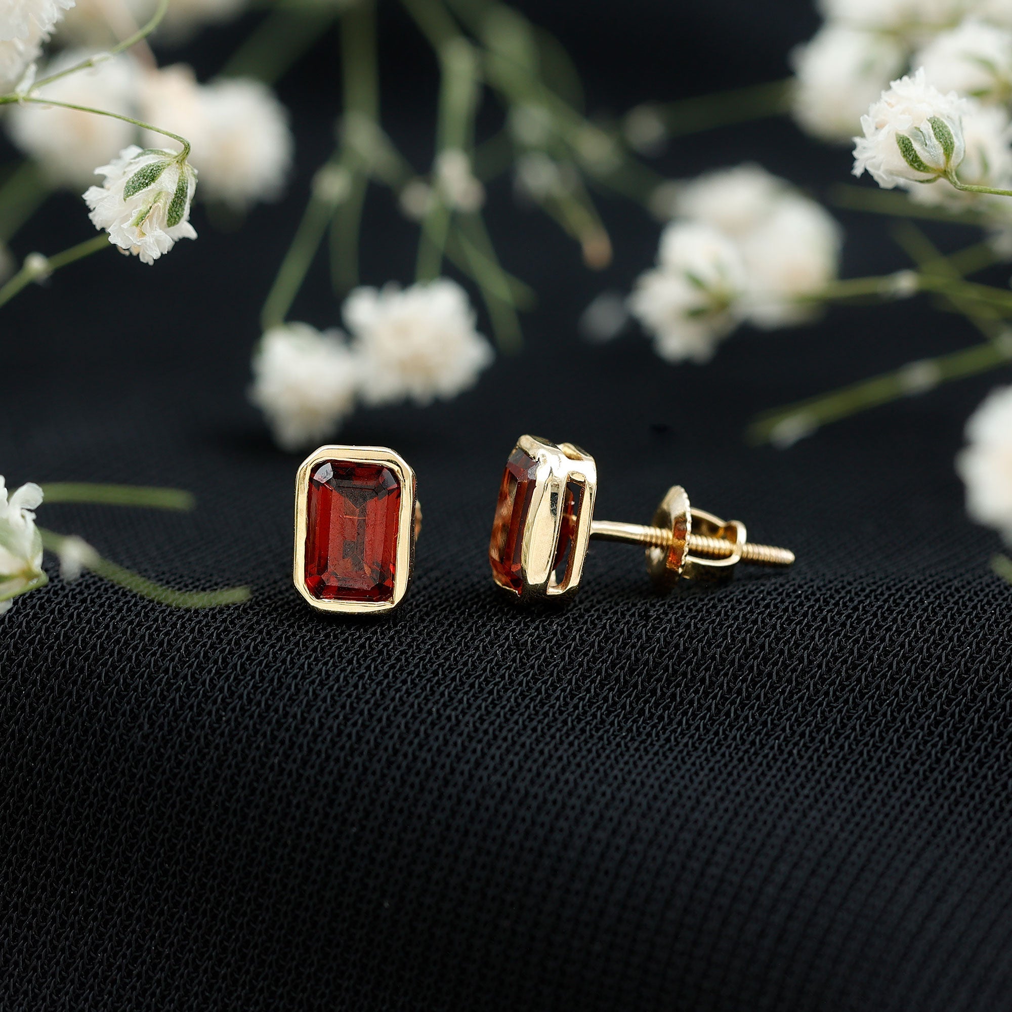 1.4 CT Emerald Cut Garnet Solitaire Stud Earrings in Bezel Setting