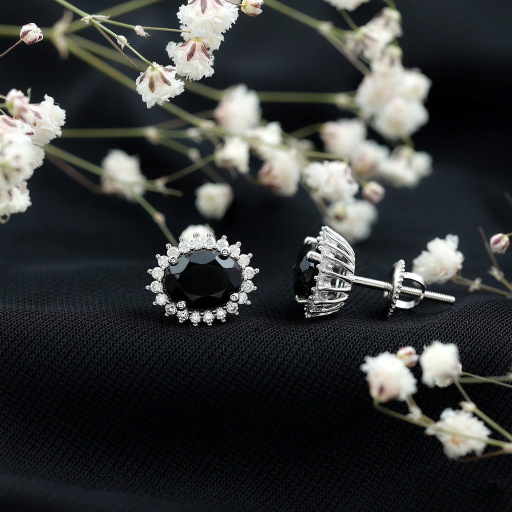 2 Carat Oval Cut Black Onyx Stud Earrings with Moissanite Halo