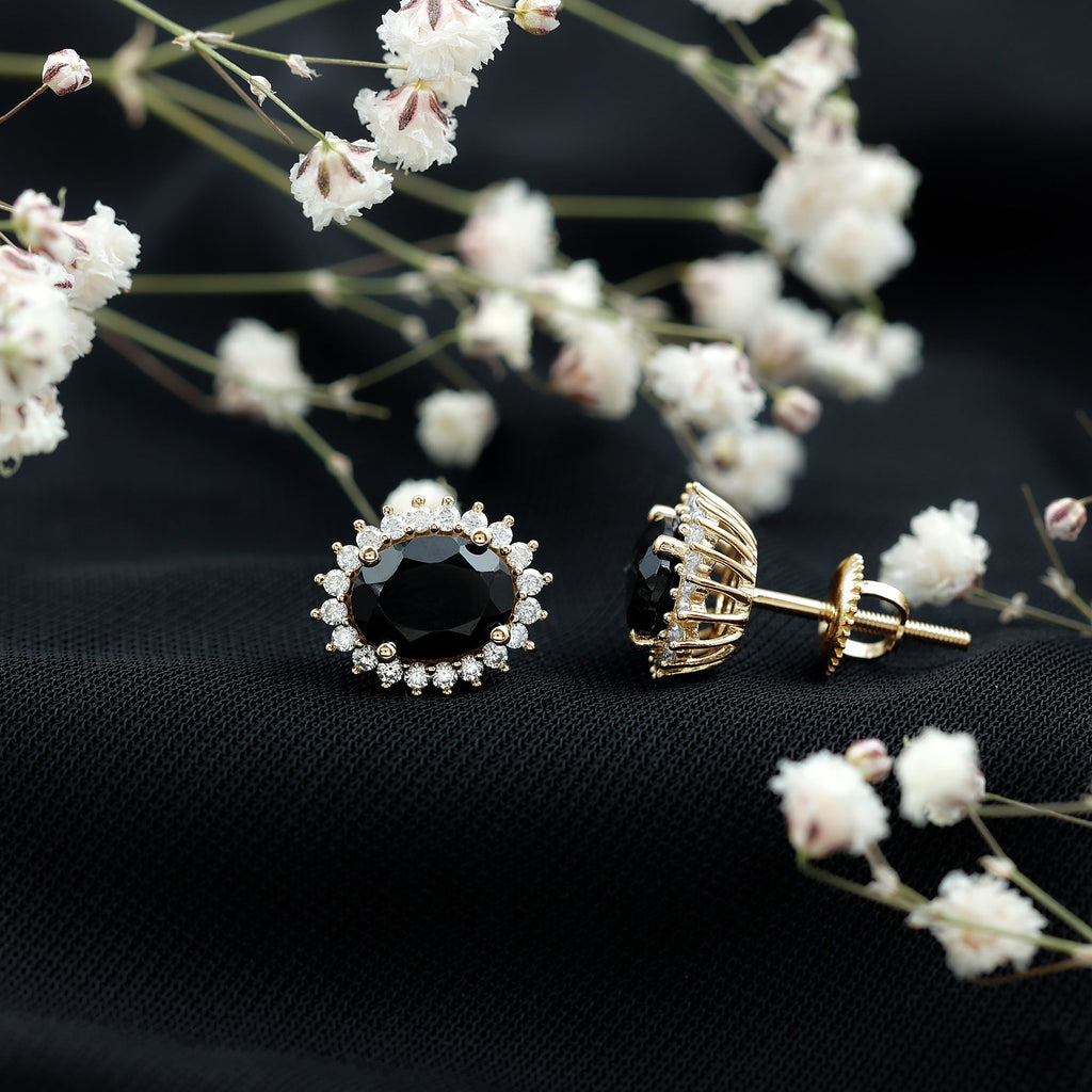 2 Carat Oval Cut Black Onyx Stud Earrings with Moissanite Halo