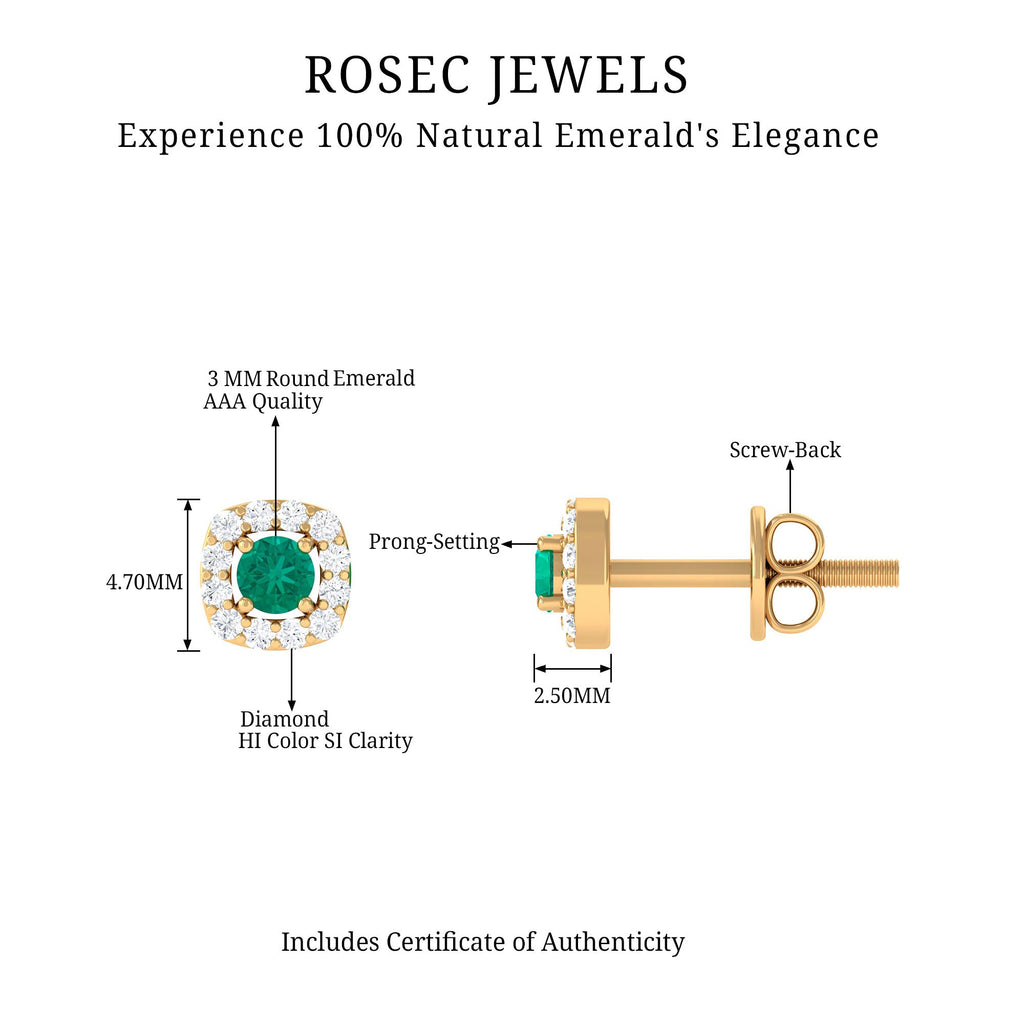 Minimalist Emerald and Diamond Halo Stud Earrings