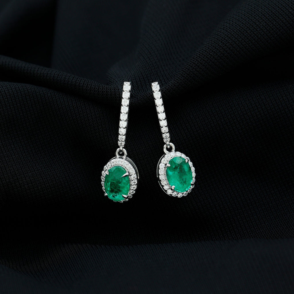 Oval Shape Emerald Hoop Drop Earrings with Diamond Halo