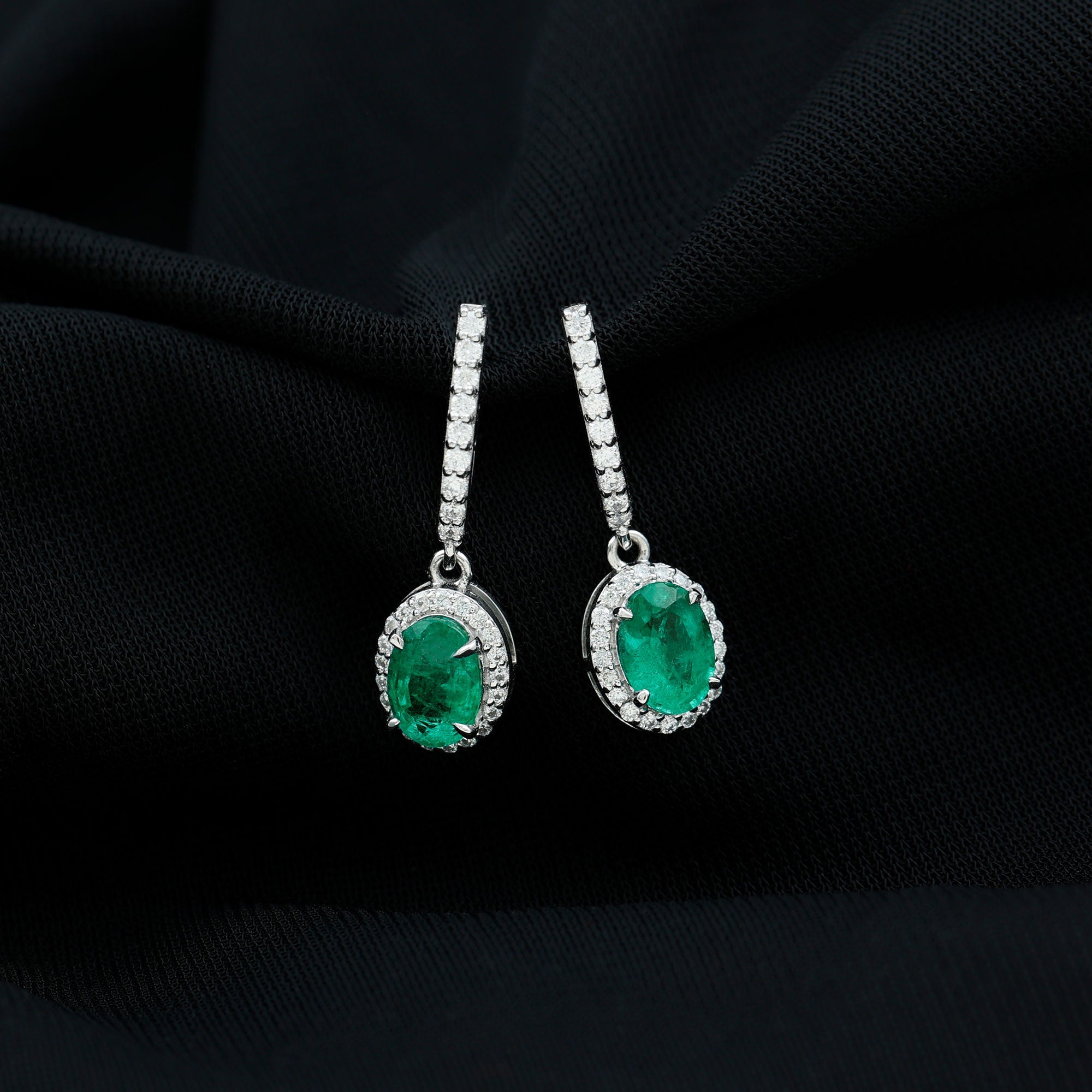 Oval Shape Emerald Hoop Drop Earrings with Diamond Halo