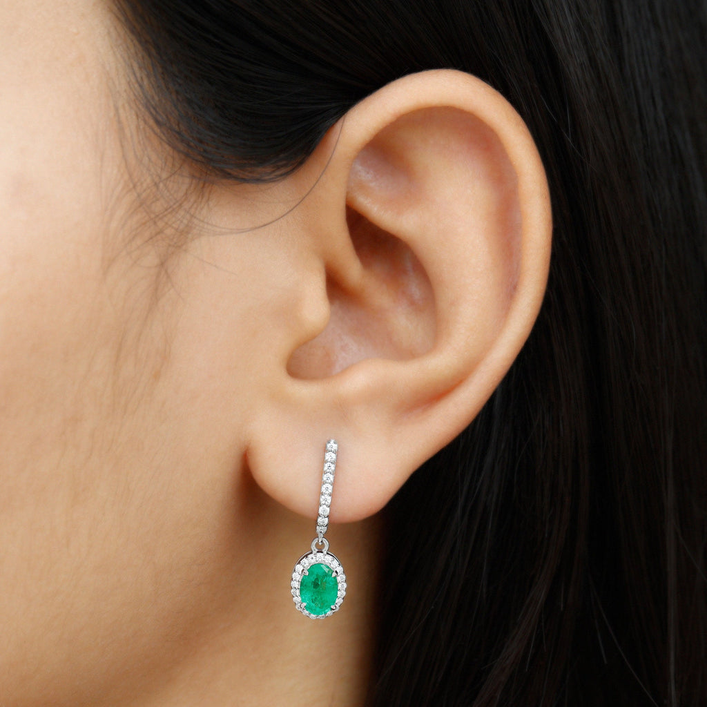 Oval Shape Emerald Hoop Drop Earrings with Diamond Halo
