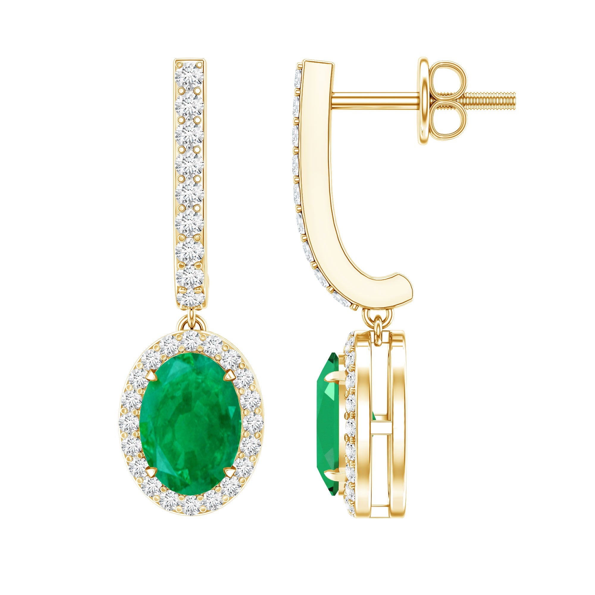 Oval Shape Emerald Hoop Drop Earrings with Diamond Halo | Earrings | Wiccan Center