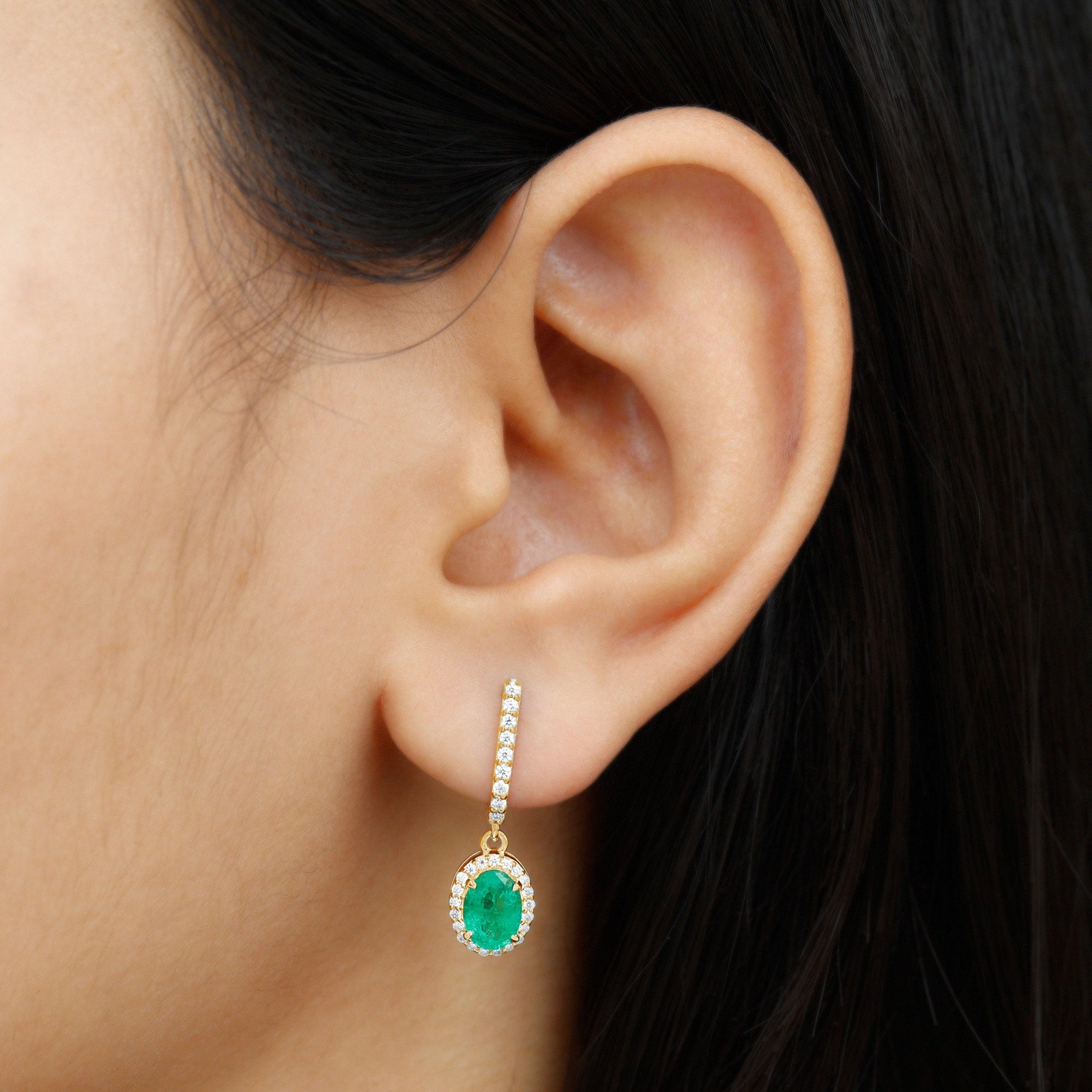 Oval Shape Emerald Hoop Drop Earrings with Diamond Halo