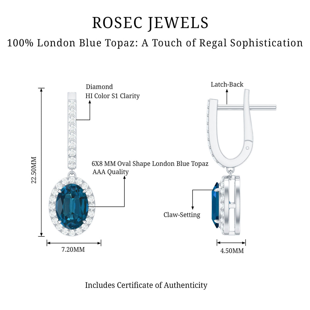 2.2 Carat Oval London Blue Topaz and Diamond Hoop Drop Earrings