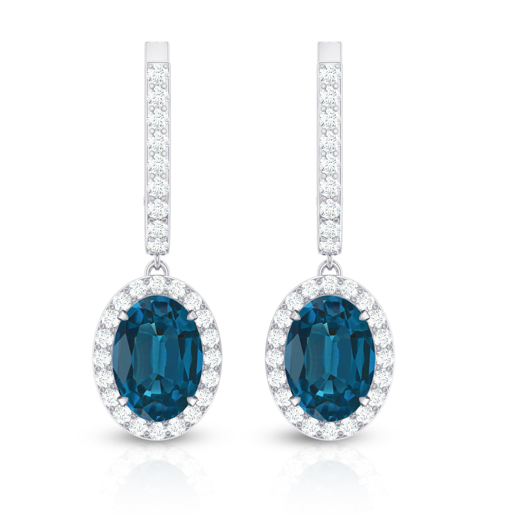 2.2 Carat Oval London Blue Topaz and Diamond Hoop Drop Earrings