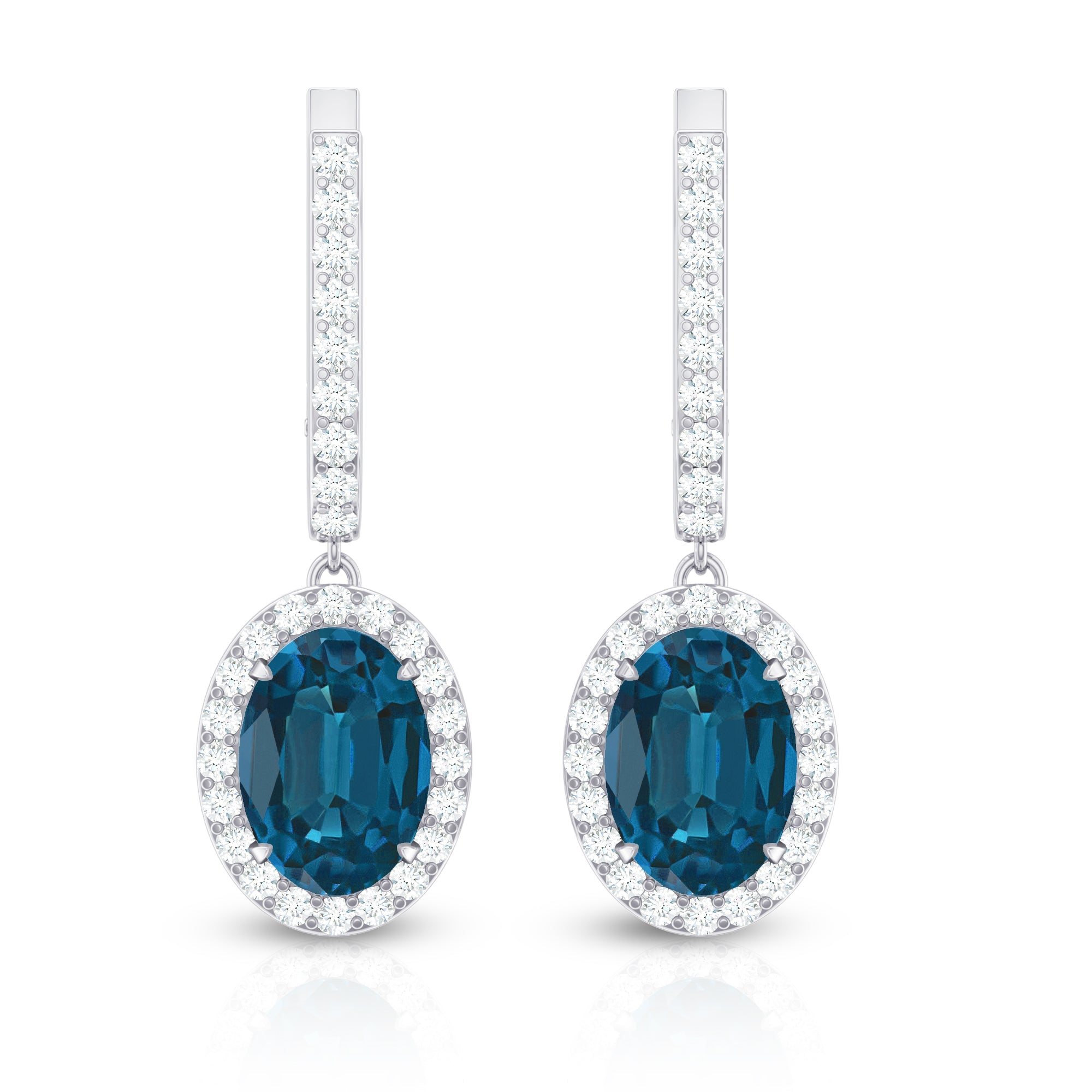 2.2 Carat Oval London Blue Topaz and Diamond Hoop Drop Earrings