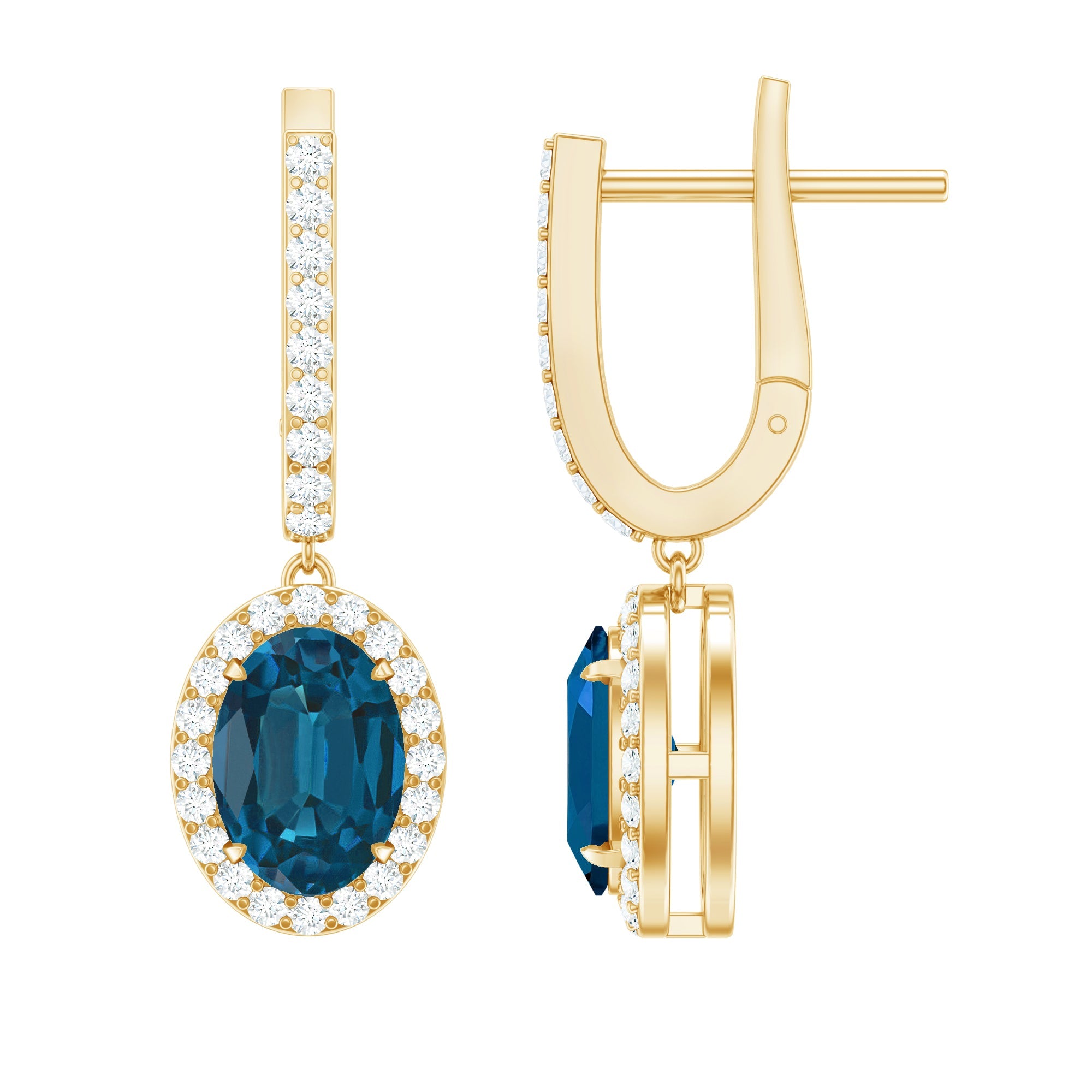 2.2 Carat Oval London Blue Topaz and Diamond Hoop Drop Earrings | Earrings | Wiccan Center