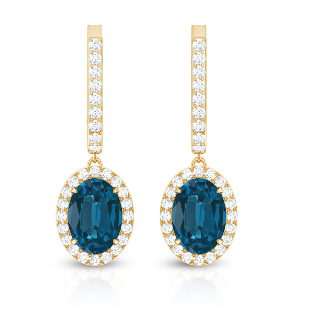 2.2 Carat Oval London Blue Topaz and Diamond Hoop Drop Earrings
