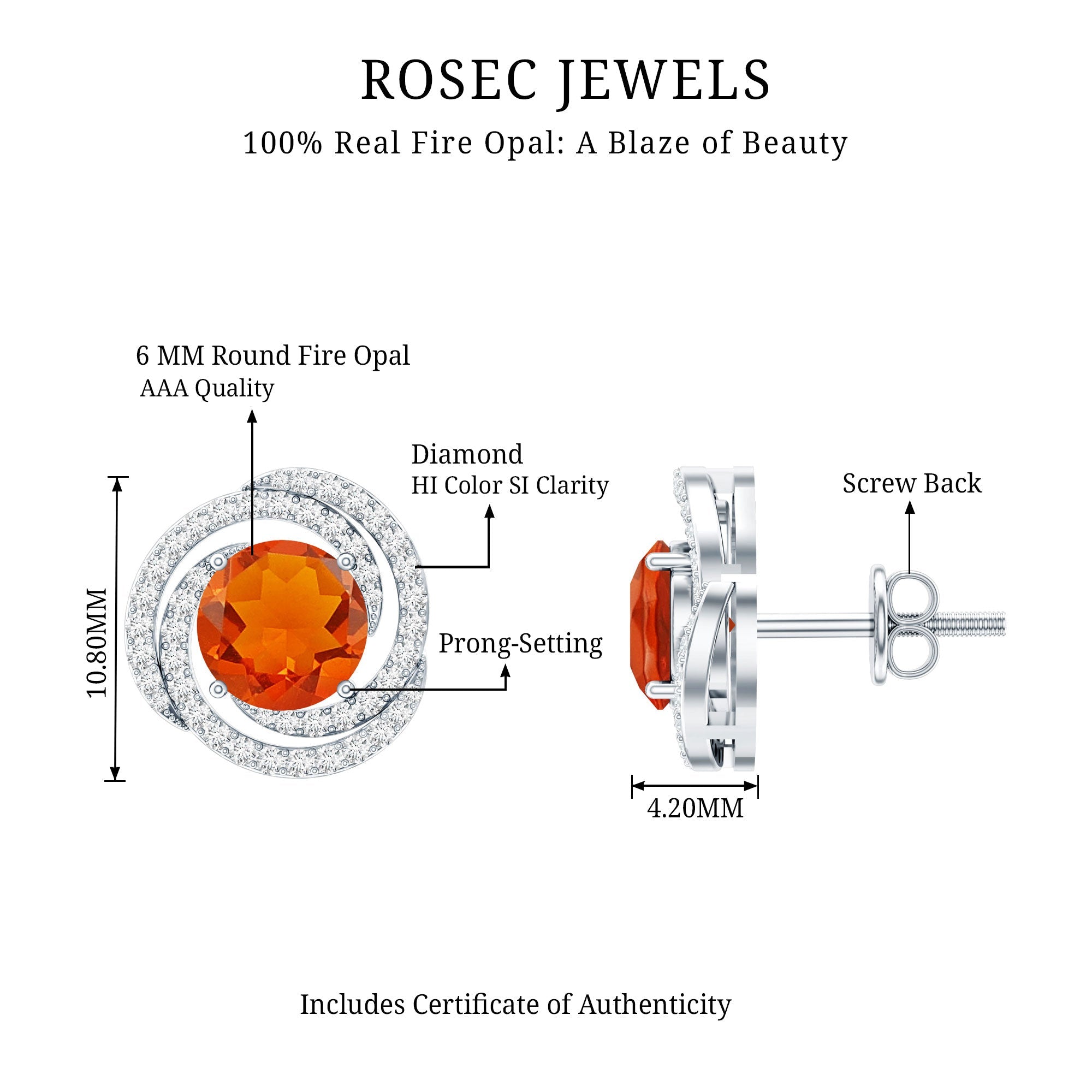 Real Fire Opal and Diamond Big Stud Earrings