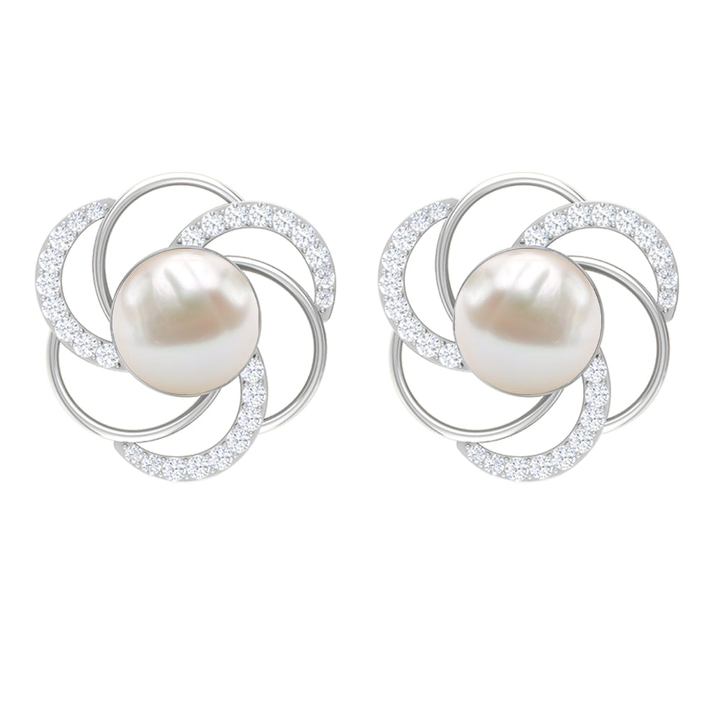 Round Freshwater Pearl Big Stud Earrings with Diamonds