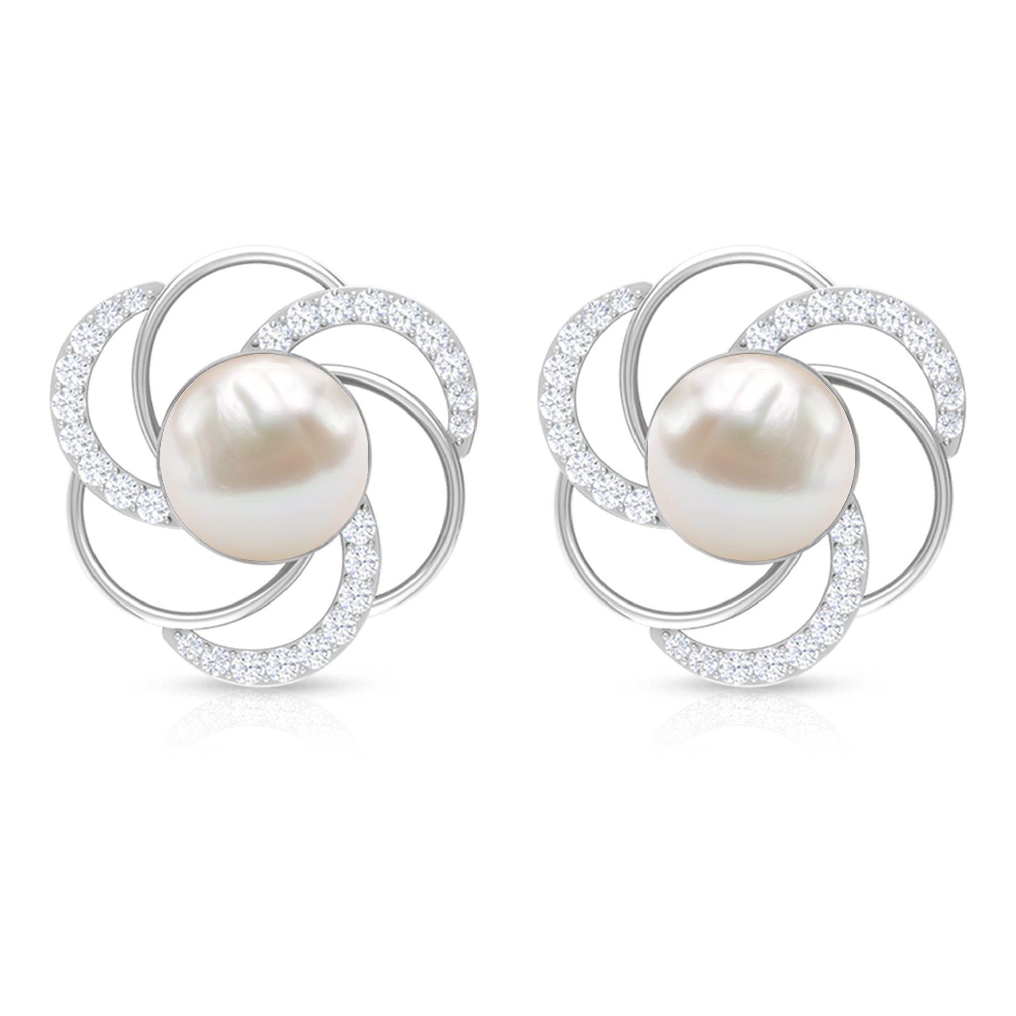 Round Freshwater Pearl Big Stud Earrings with Diamonds