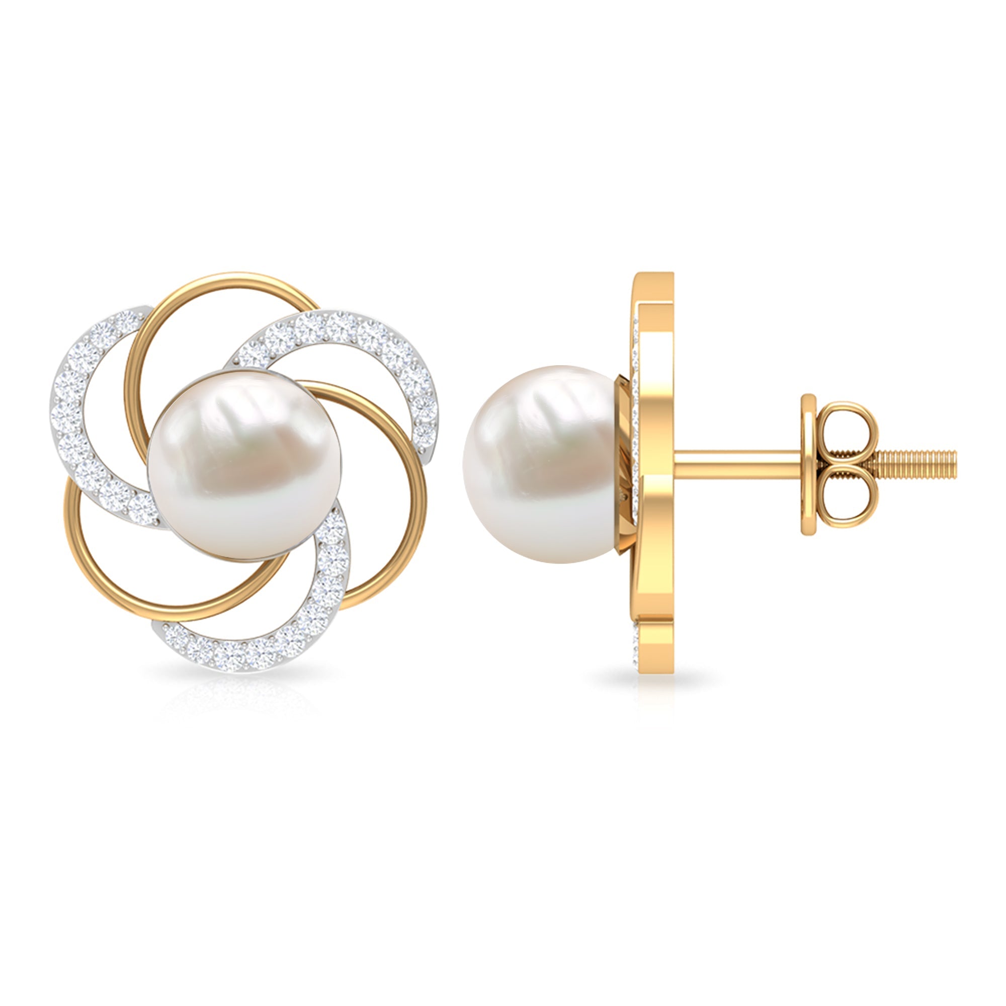 Round Freshwater Pearl Big Stud Earrings with Diamonds | Earrings | Wiccan Center