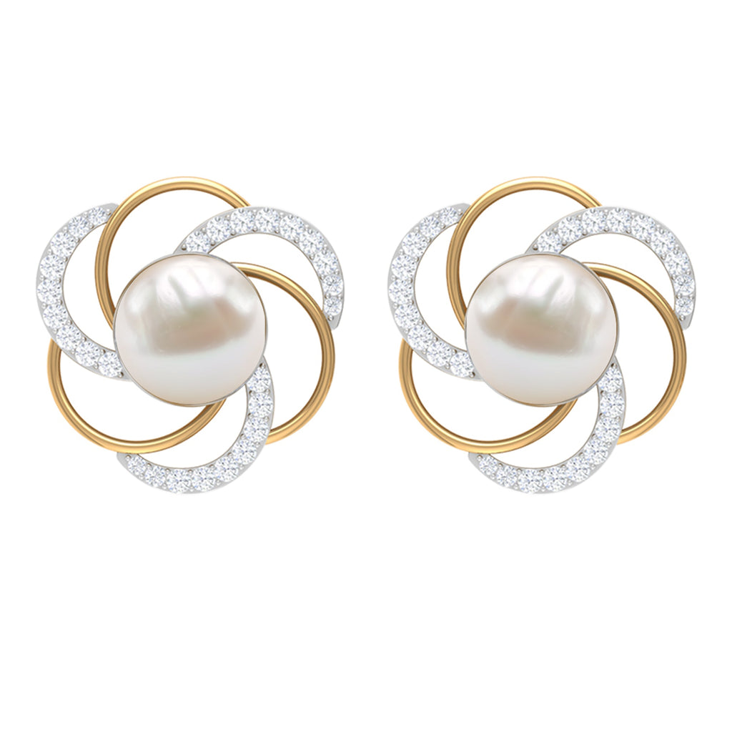Round Freshwater Pearl Big Stud Earrings with Diamonds