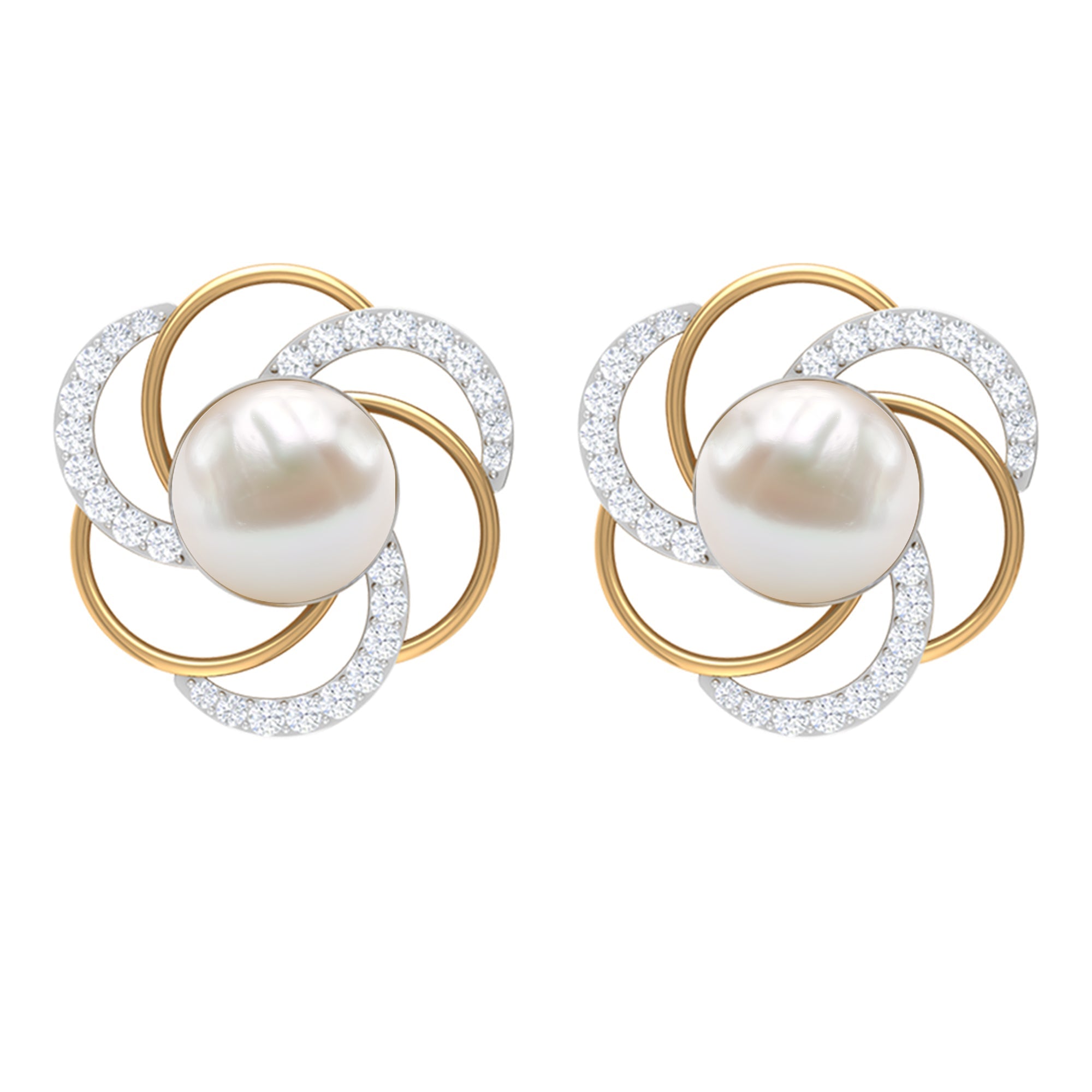 Round Freshwater Pearl Big Stud Earrings with Diamonds