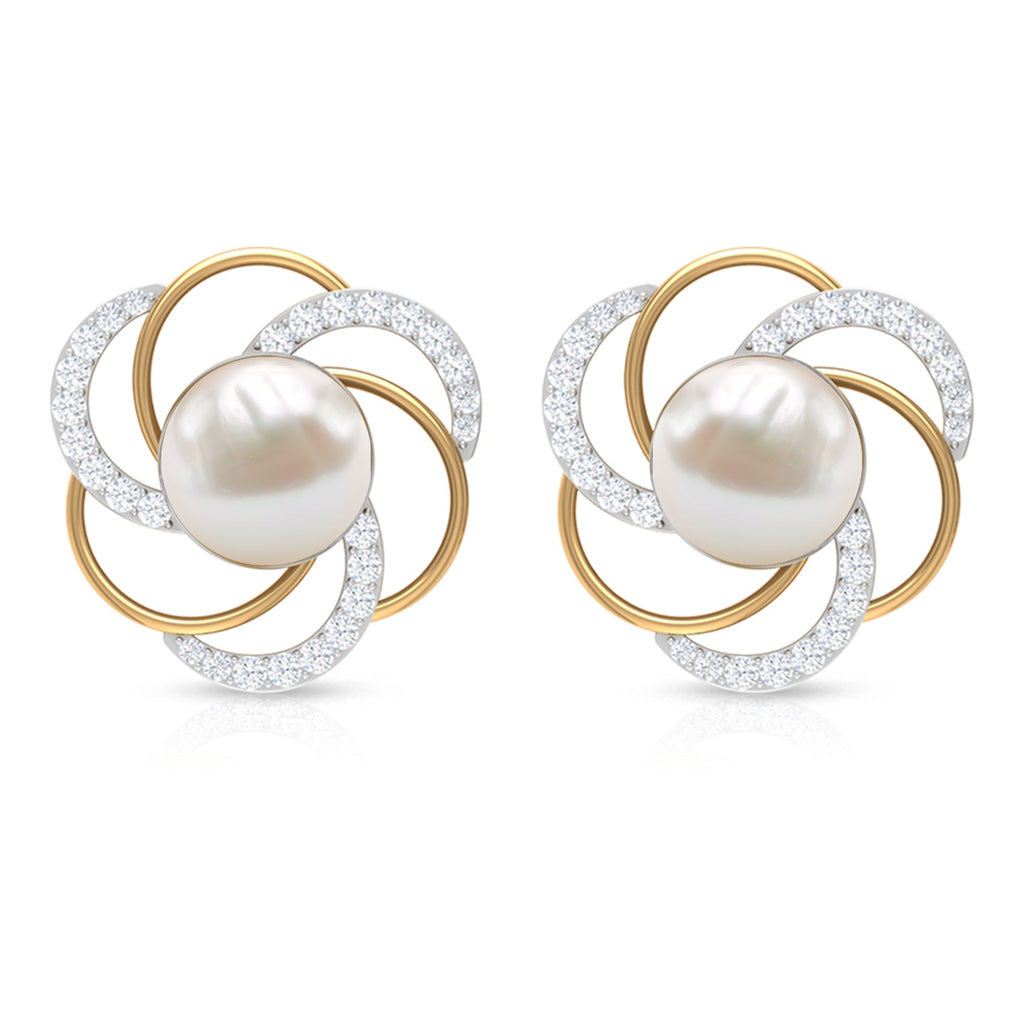 Round Freshwater Pearl Big Stud Earrings with Diamonds