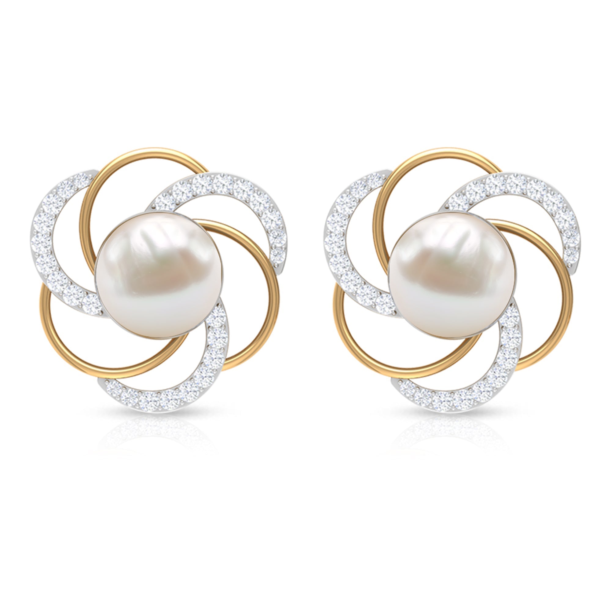 Round Freshwater Pearl Big Stud Earrings with Diamonds