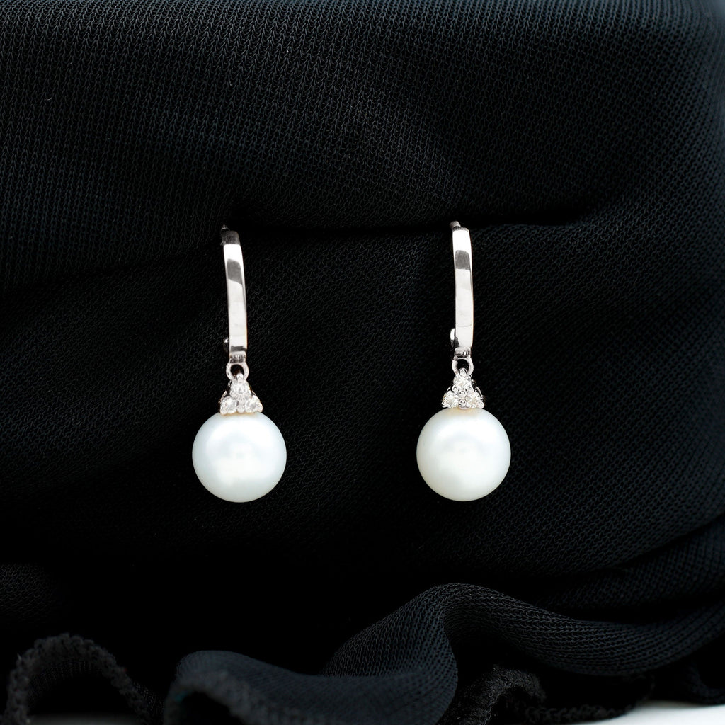 Round Freshwater Pearl and Diamond Hoop Drop Earrings