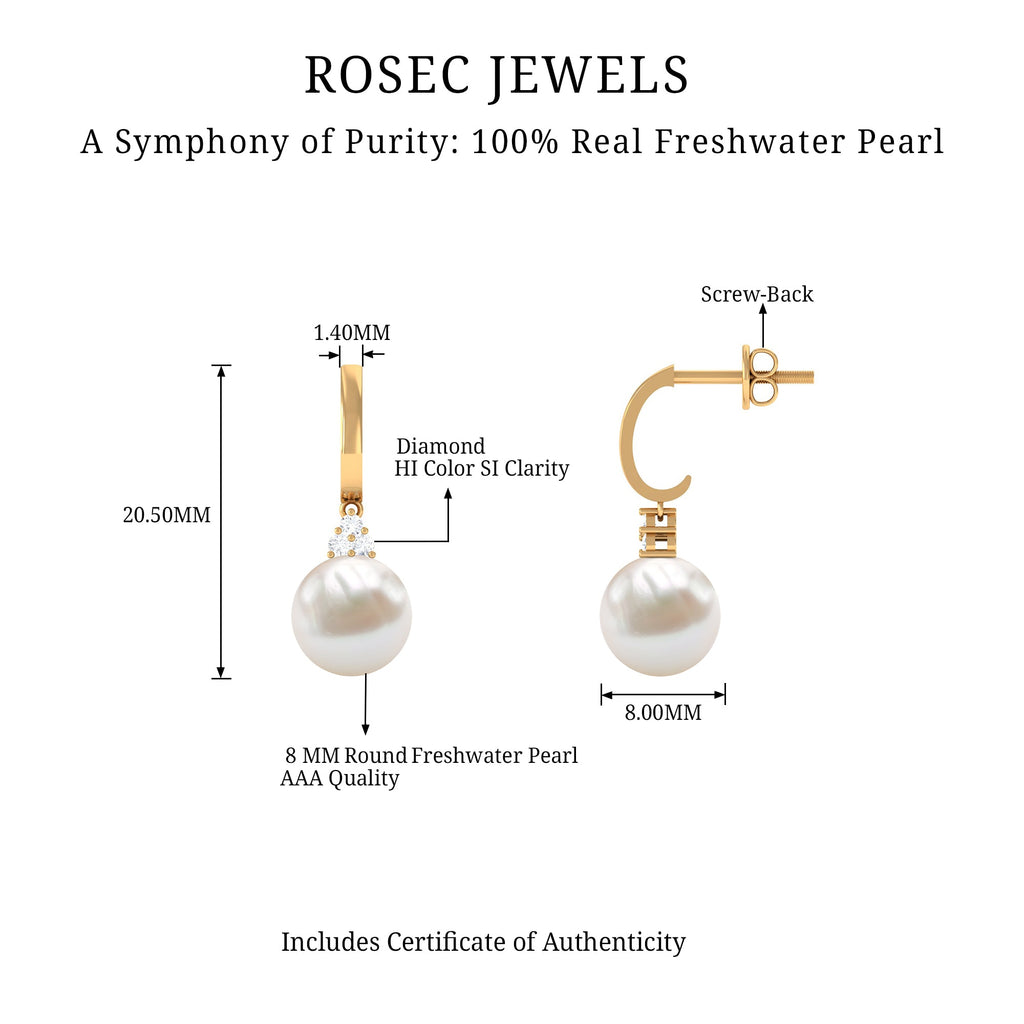 Round Freshwater Pearl and Diamond Hoop Drop Earrings