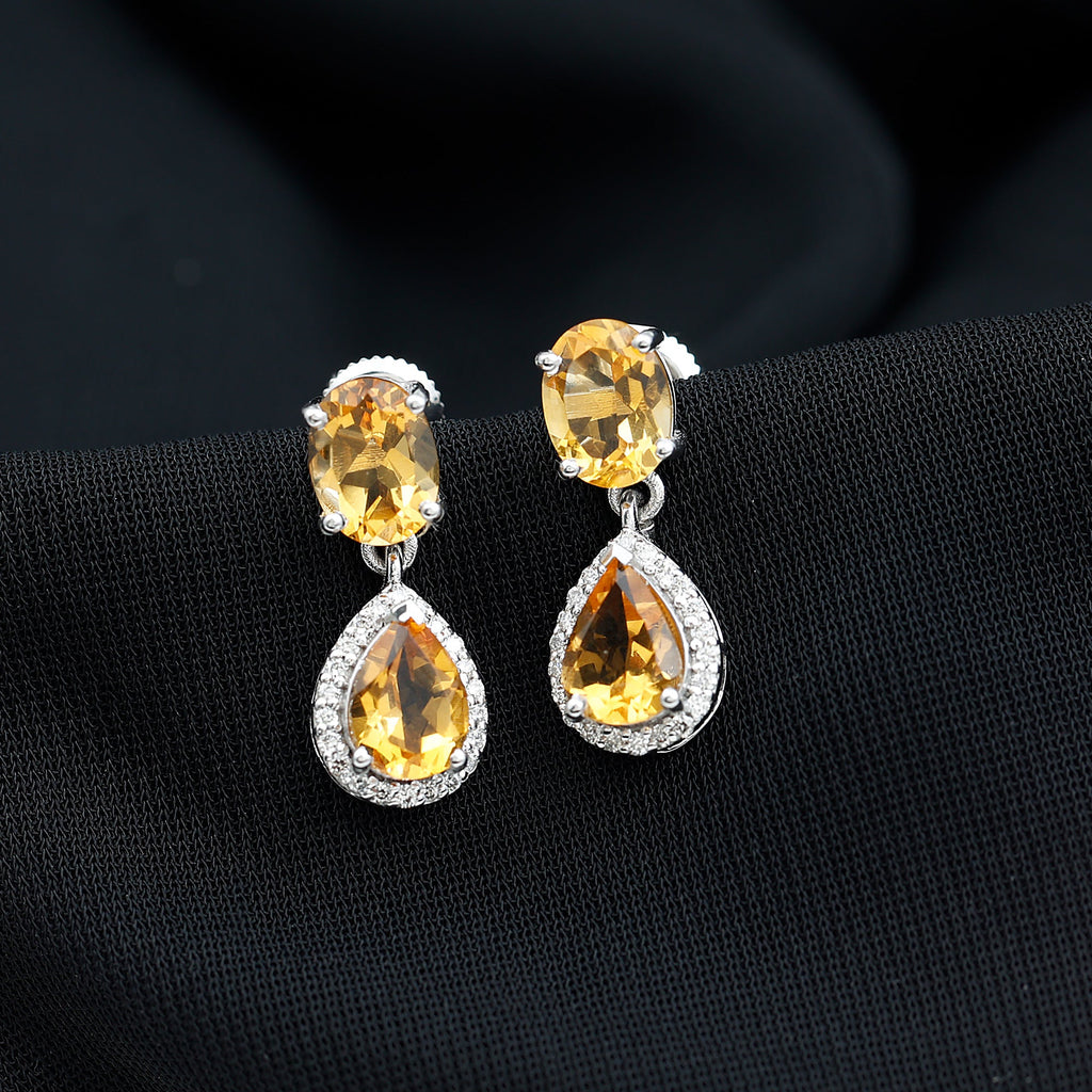 Natural 2 Carat Citrine and Diamond Teardrop Earrings