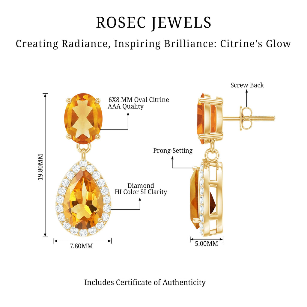 Natural 2 Carat Citrine and Diamond Teardrop Earrings