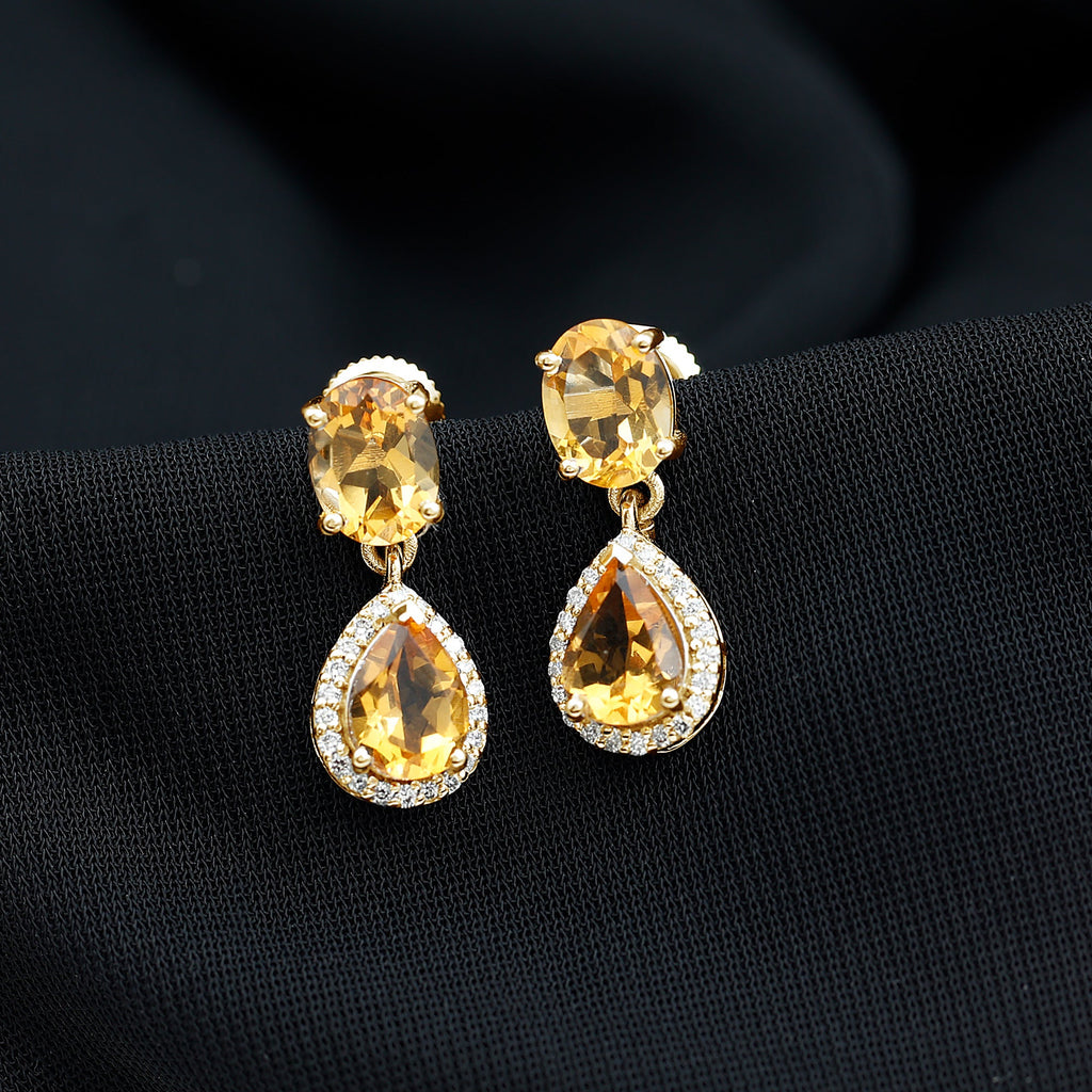 Natural 2 Carat Citrine and Diamond Teardrop Earrings