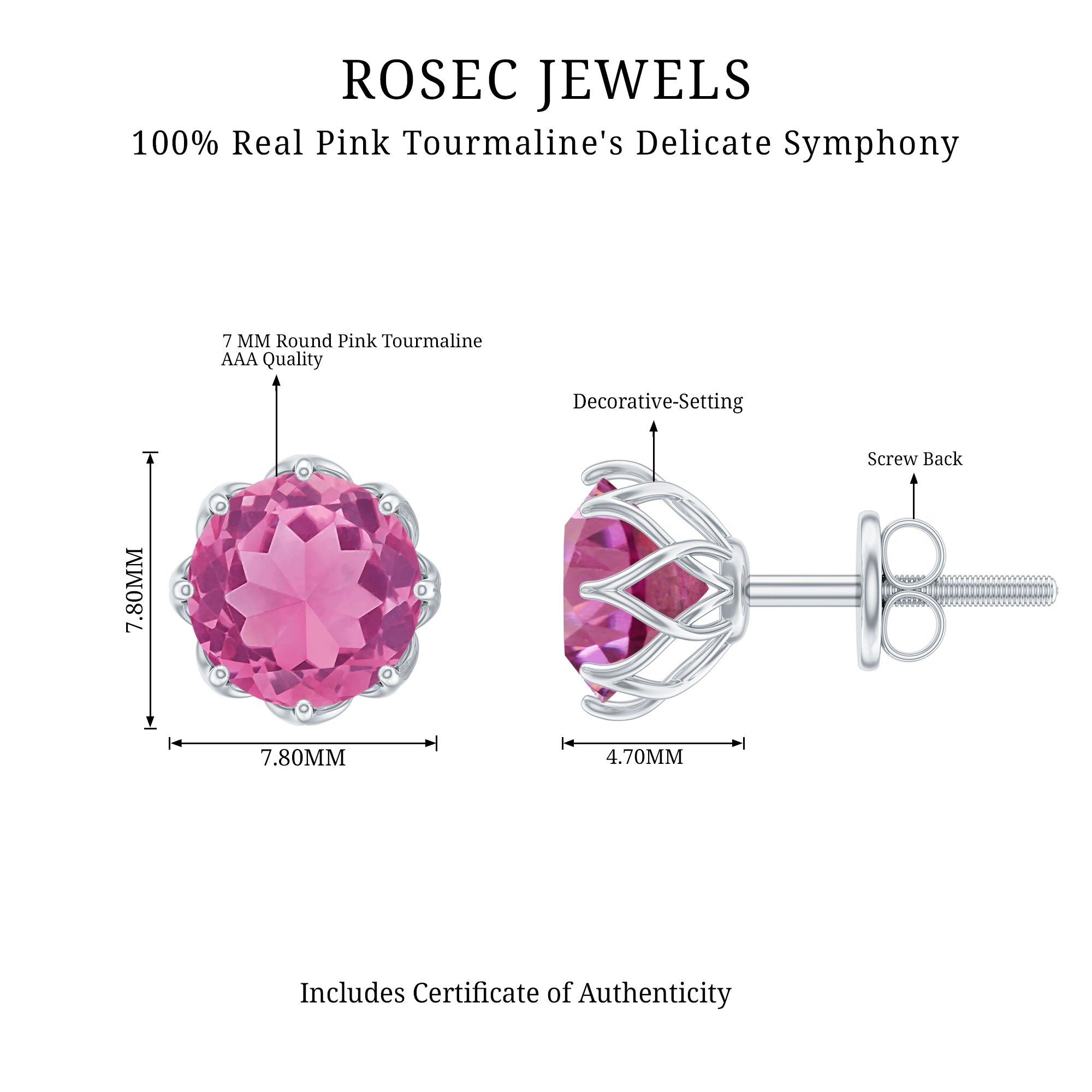 Natural 2.4 Carat Pink Tourmaline Solitaire Earrings with Screw Back