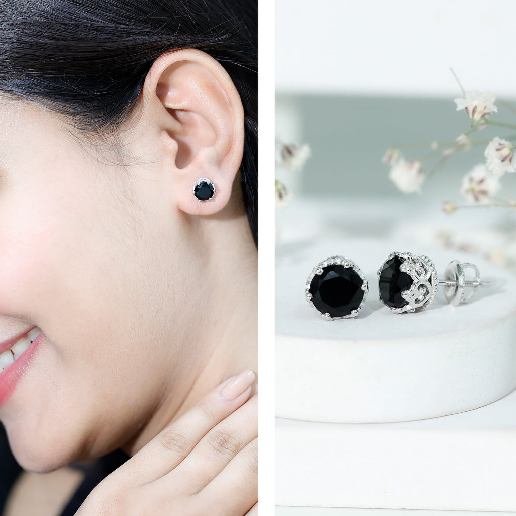 3 Carat Genuine Black Spinel Crown Stud Earrings
