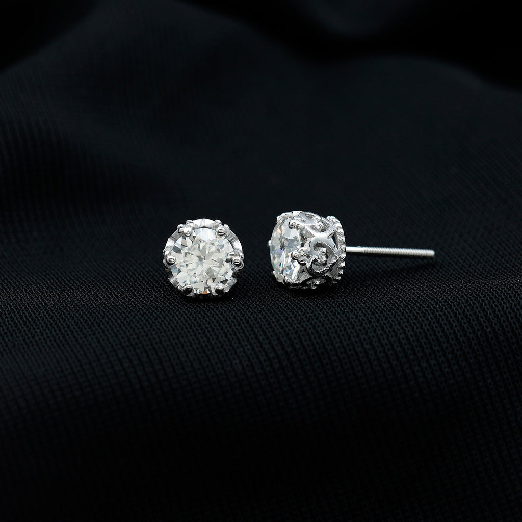 1.97 Carat Round Shape Moissanite Stud Earrings in Crown Setting