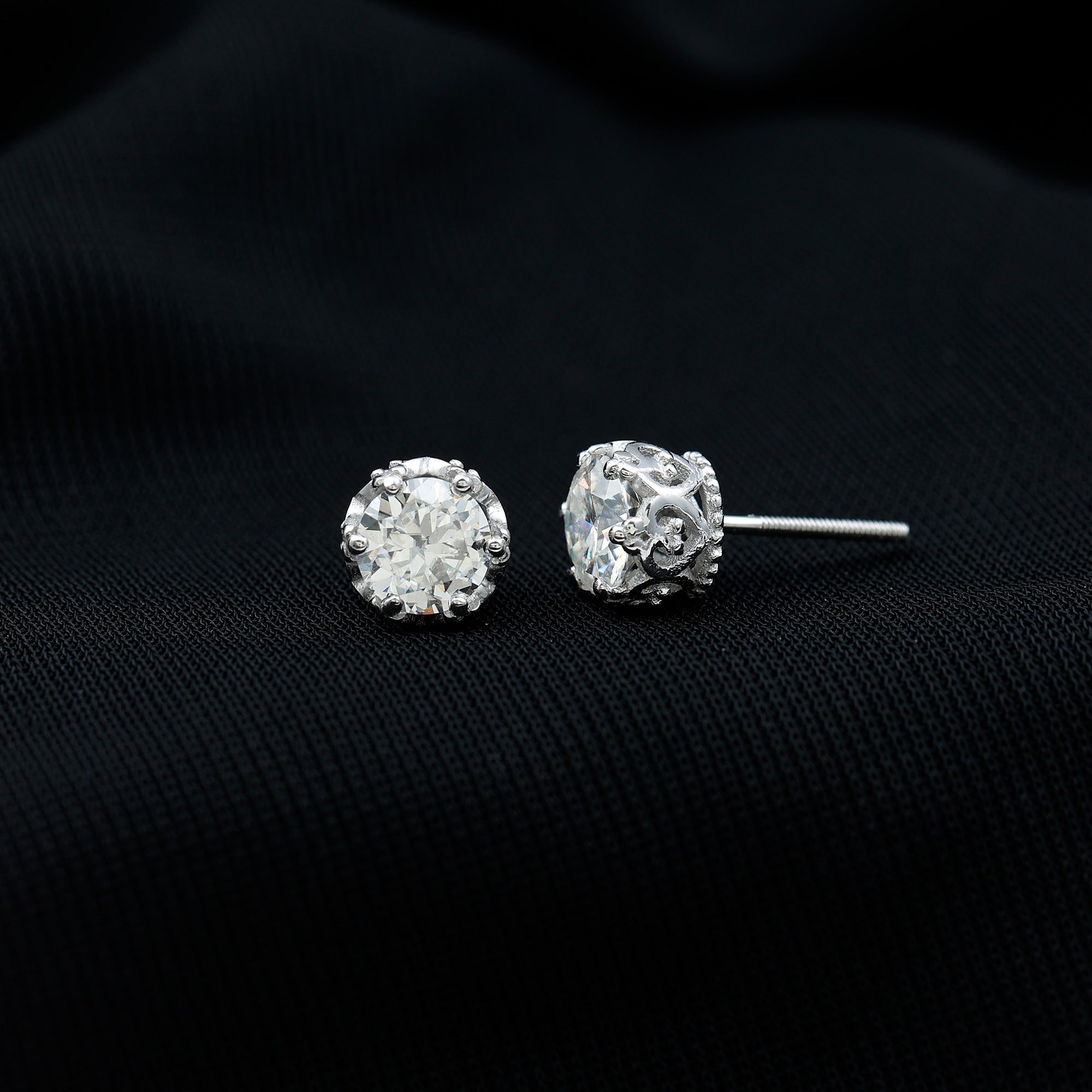 1.97 Carat Round Shape Moissanite Stud Earrings in Crown Setting