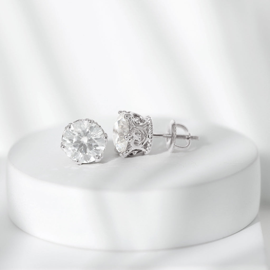 1.97 Carat Round Shape Moissanite Stud Earrings in Crown Setting