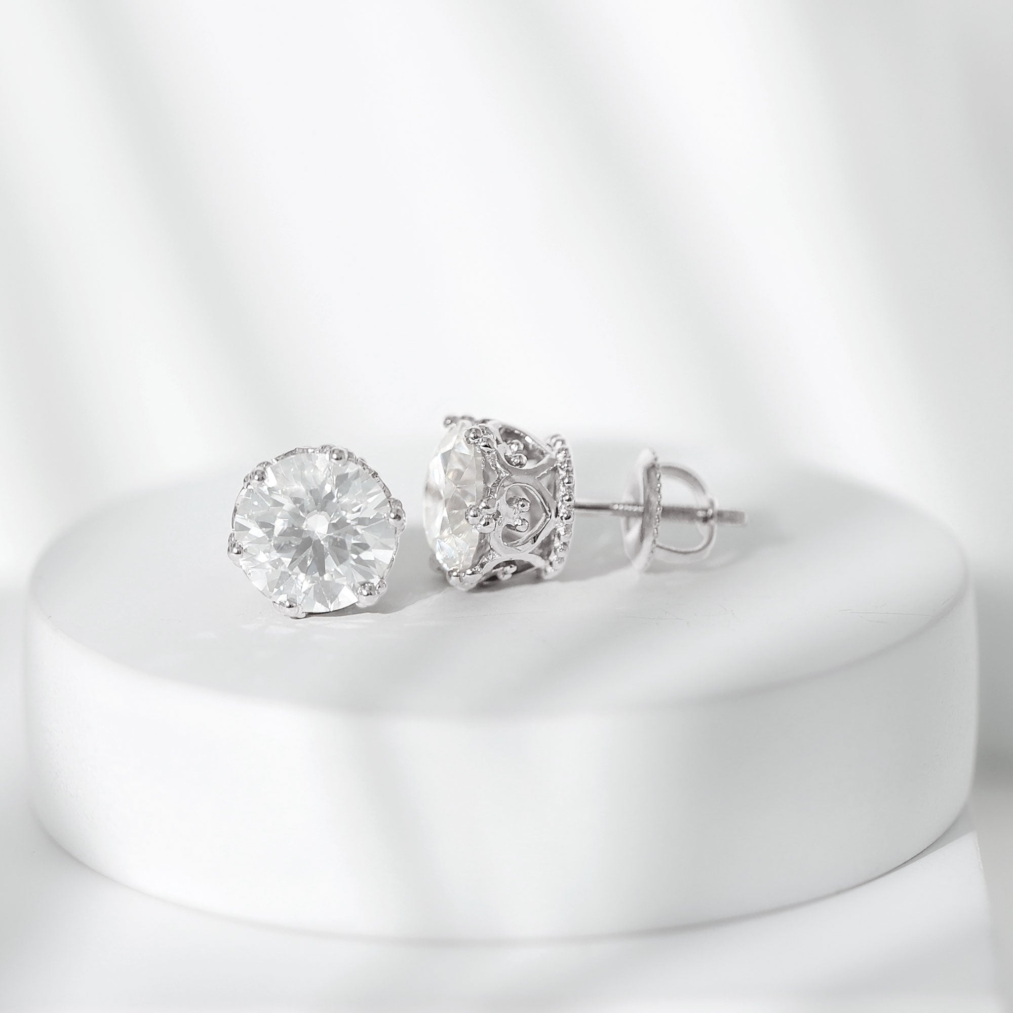 1.97 Carat Round Shape Moissanite Stud Earrings in Crown Setting