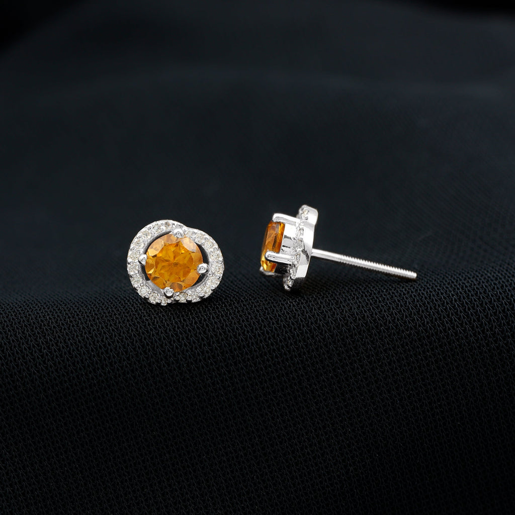 Round Citrine and Diamond Stud Earrings