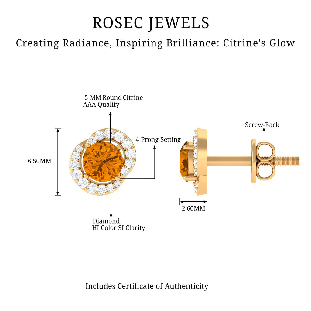 Round Citrine and Diamond Stud Earrings