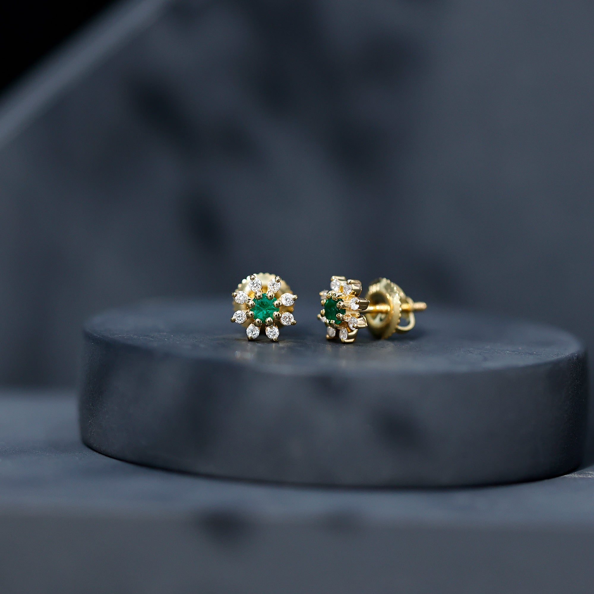 Natural Emerald and Diamond Floral Stud Earrings