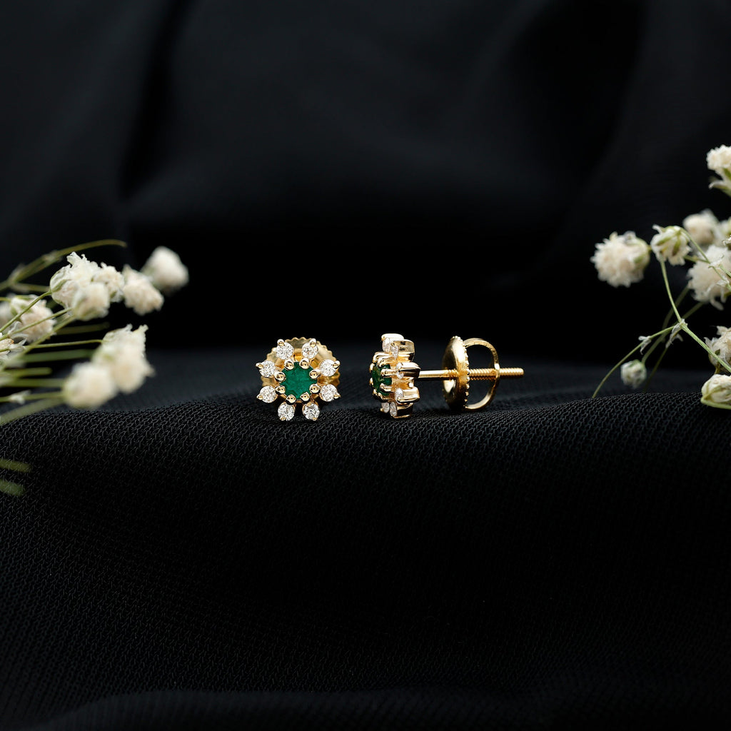 Natural Emerald and Diamond Floral Stud Earrings