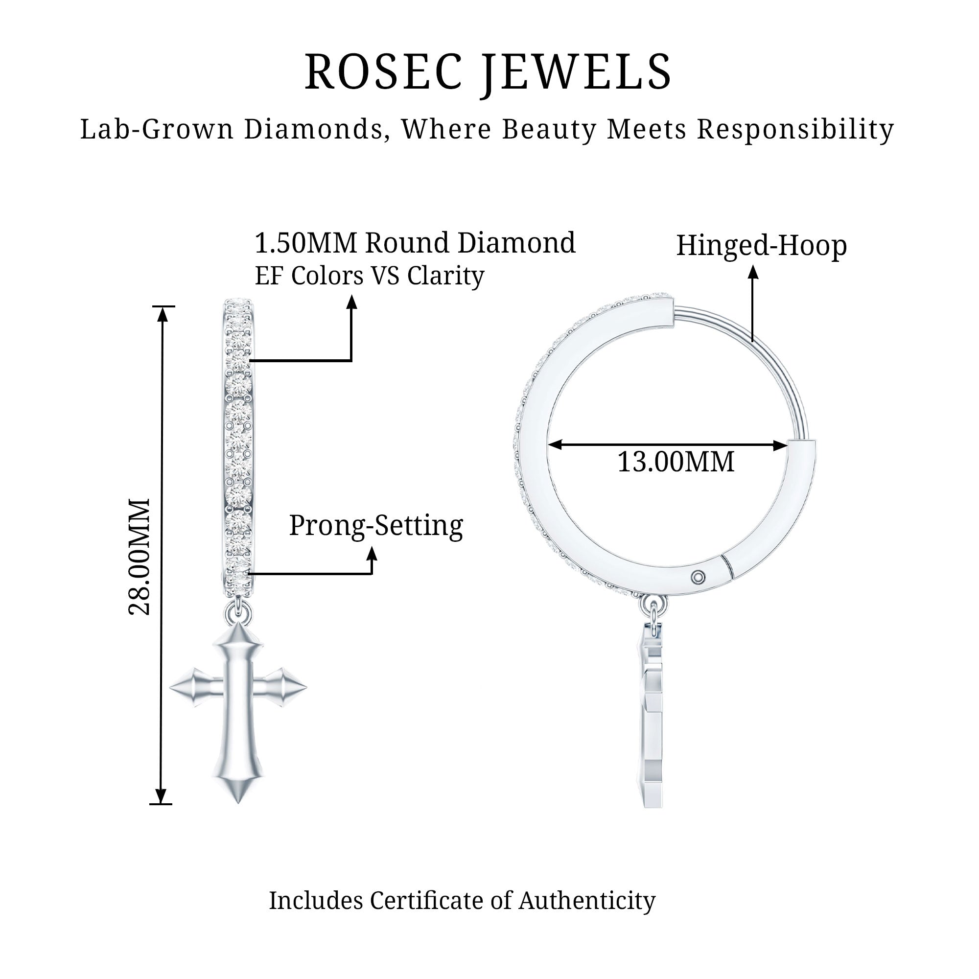 Certified Diamond Cross Drop Hoop Earrings
