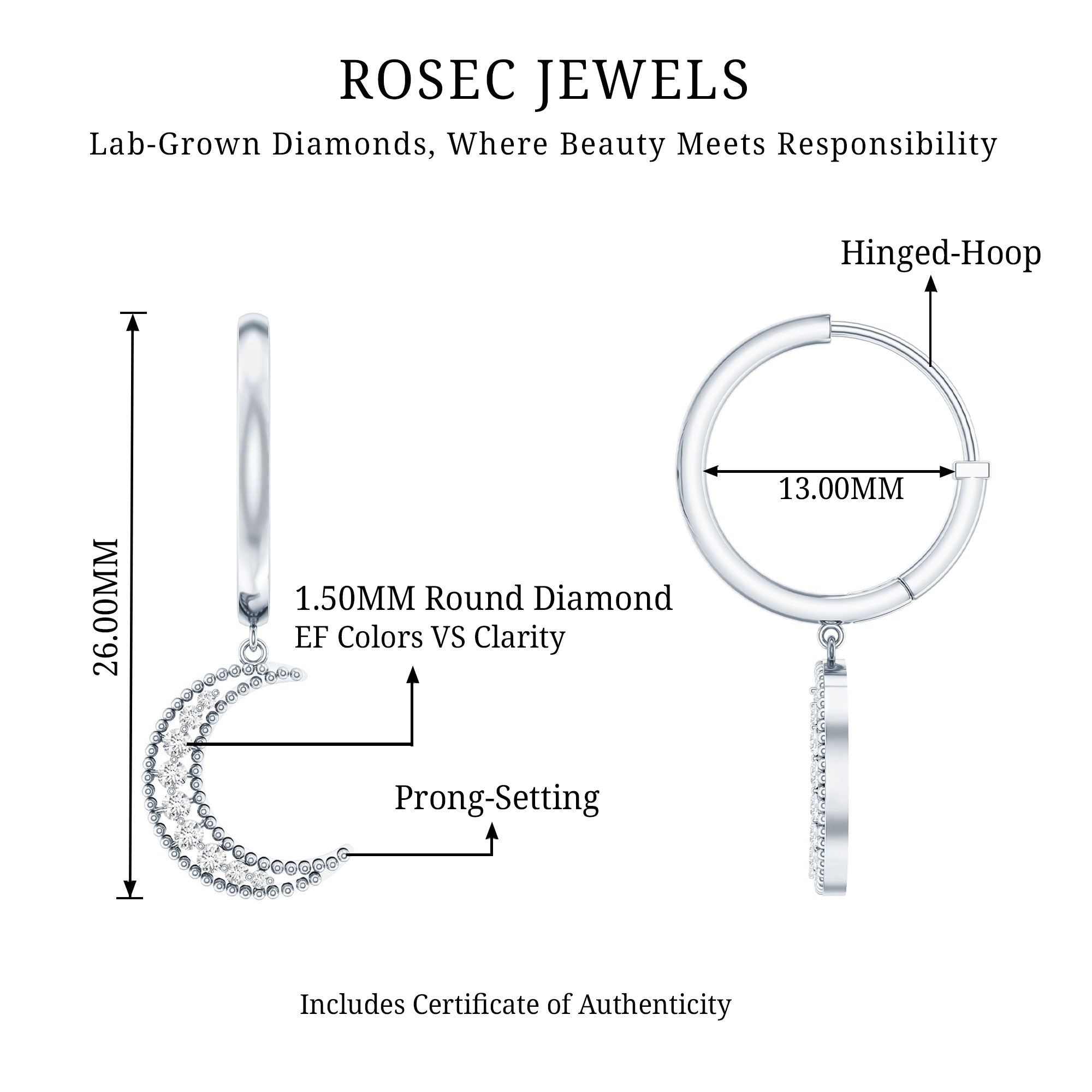 Certified Diamond Moon Drop Hoop Earrings
