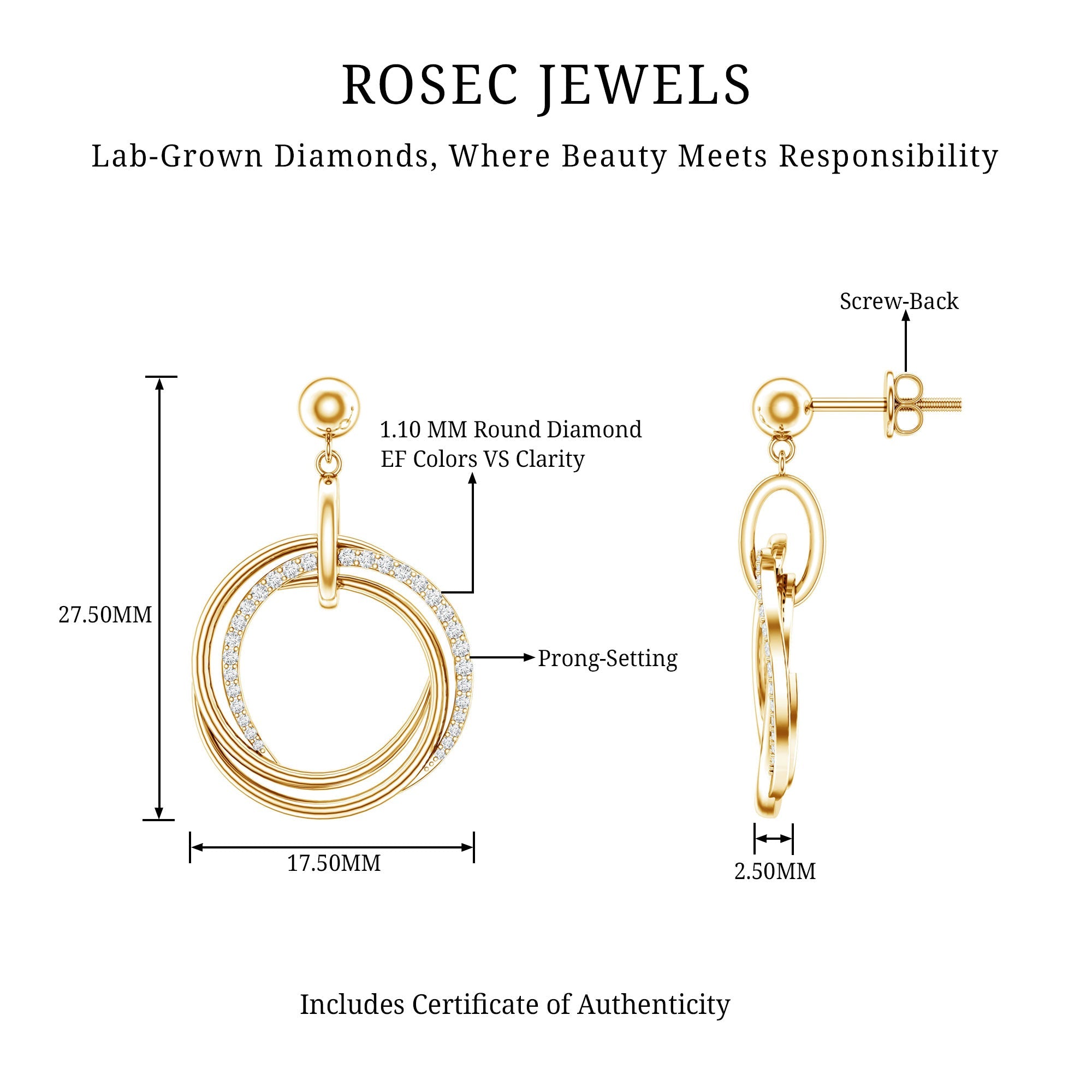 Round Cut Diamond Drop Earring with Screw Back Closure