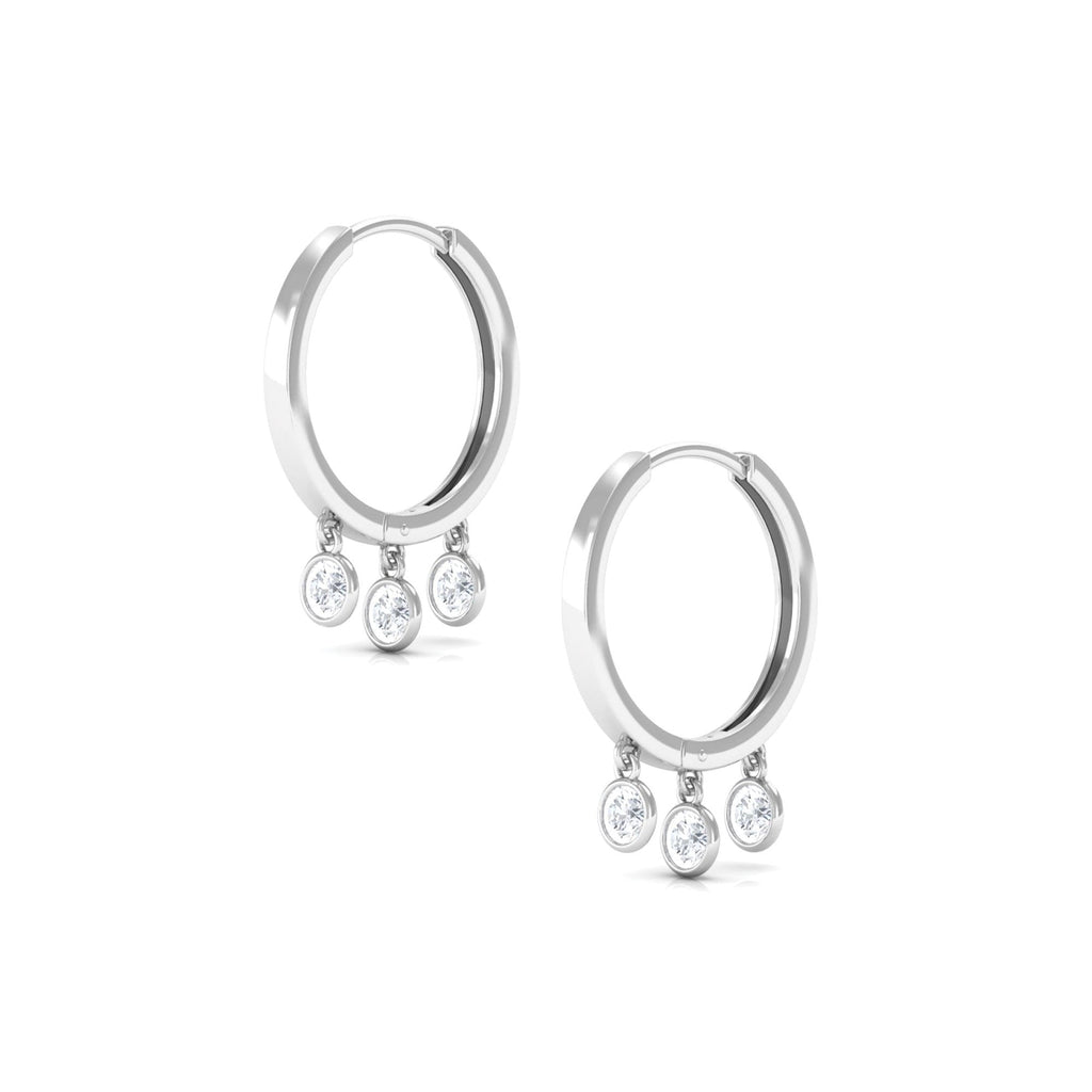 Natural 3 Stone Diamond Drop Hoop Earrings