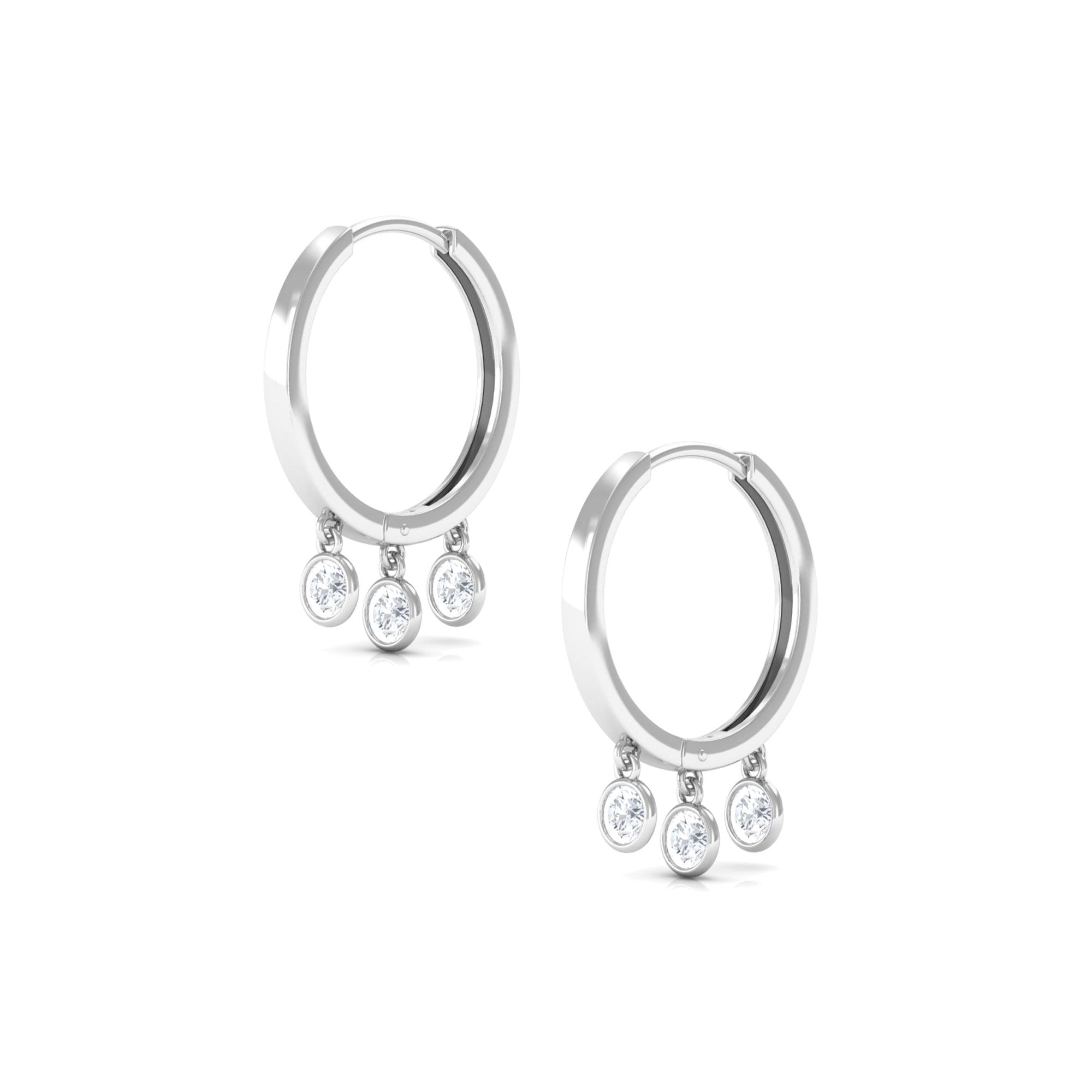 Natural 3 Stone Diamond Drop Hoop Earrings