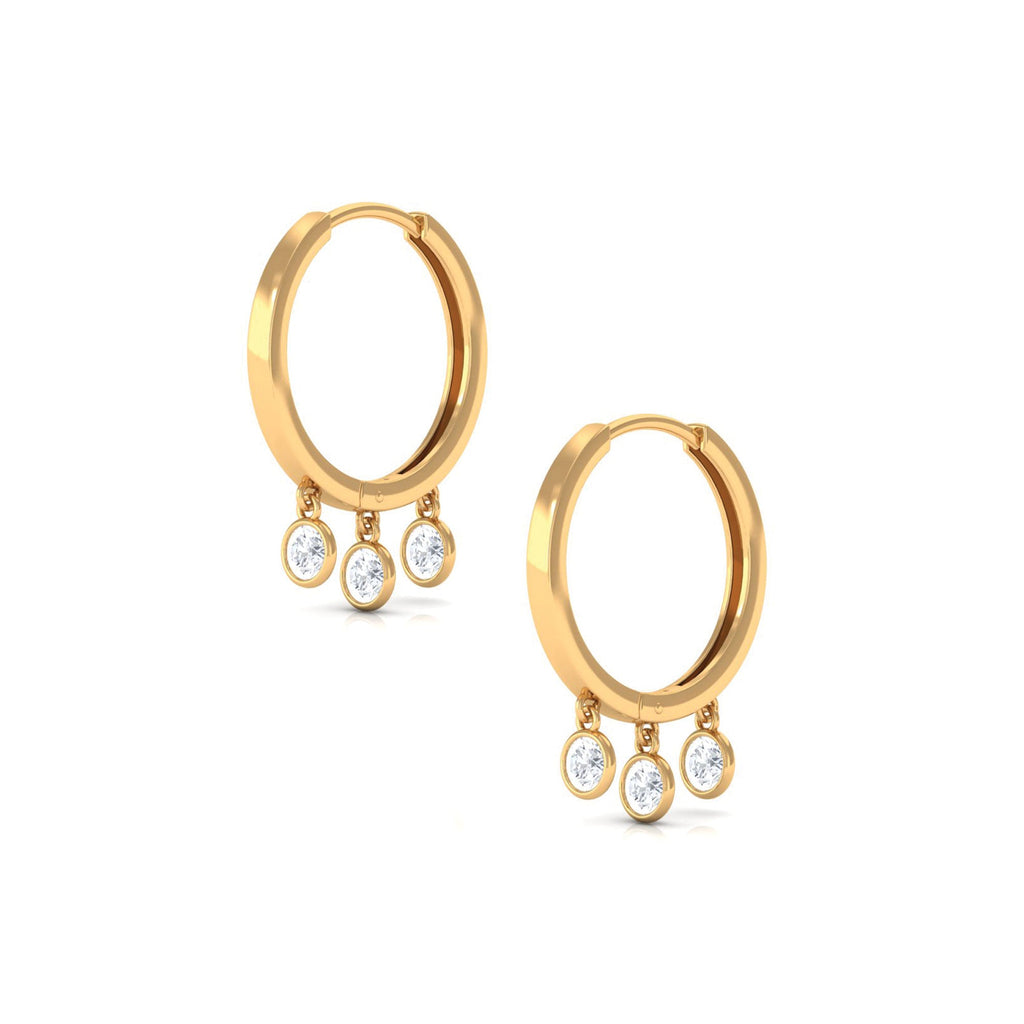 Natural 3 Stone Diamond Drop Hoop Earrings