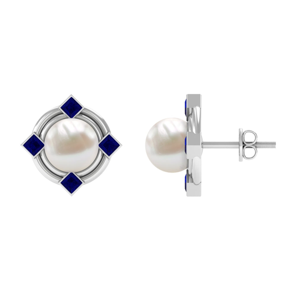 Real Freshwater Pearl and Blue Sapphire Modern Stud Earrings