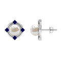 Real Freshwater Pearl and Blue Sapphire Modern Stud Earrings