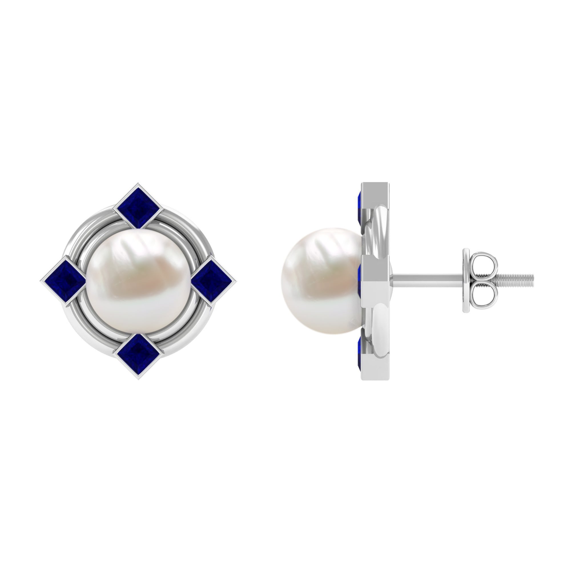 Real Freshwater Pearl and Blue Sapphire Modern Stud Earrings