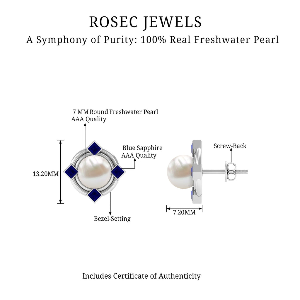 Real Freshwater Pearl and Blue Sapphire Modern Stud Earrings