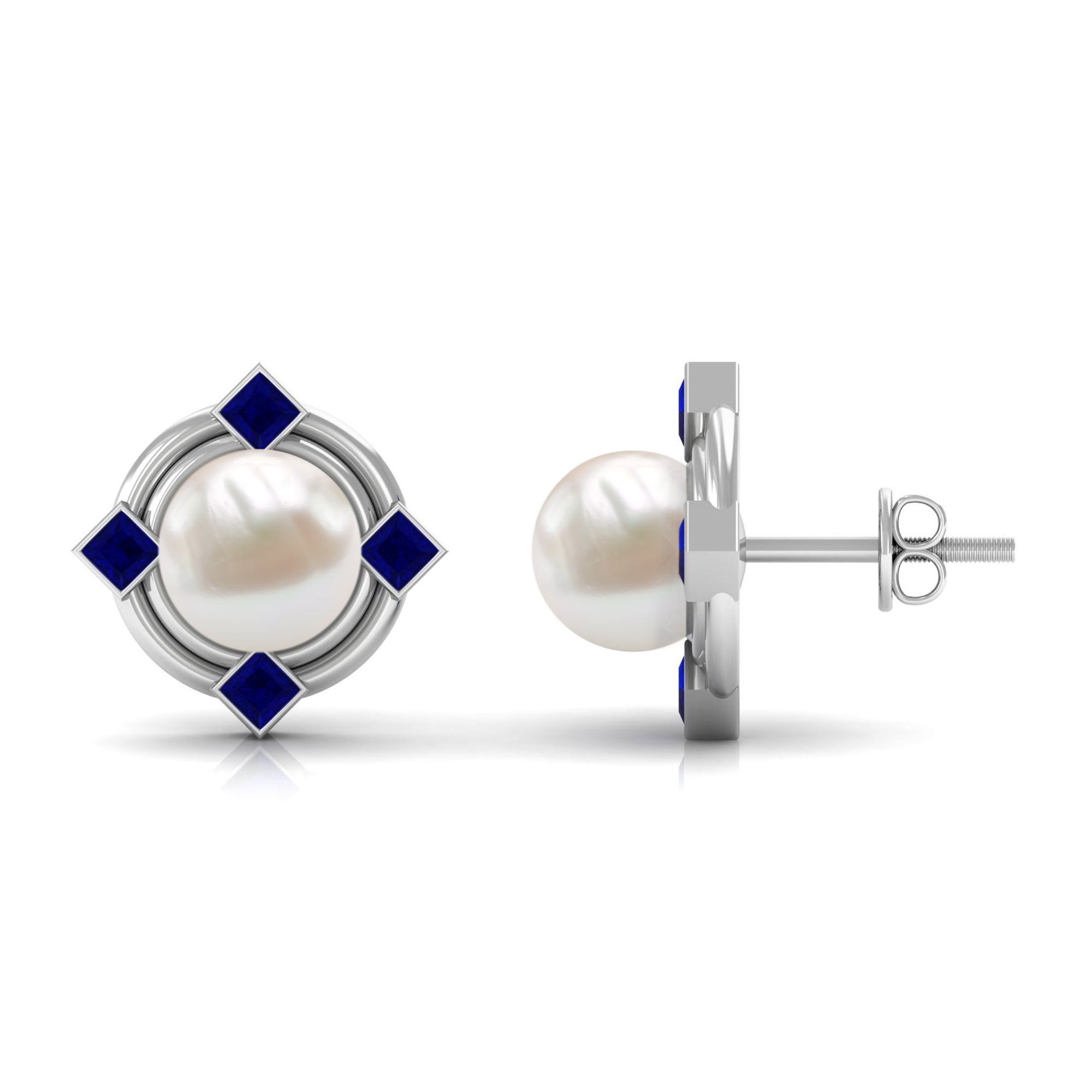 Real Freshwater Pearl and Blue Sapphire Modern Stud Earrings