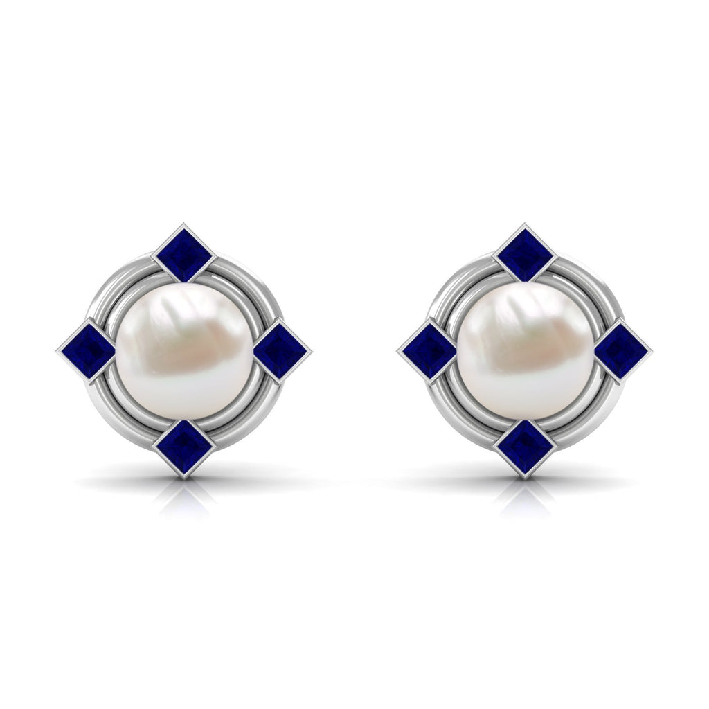 Real Freshwater Pearl and Blue Sapphire Modern Stud Earrings